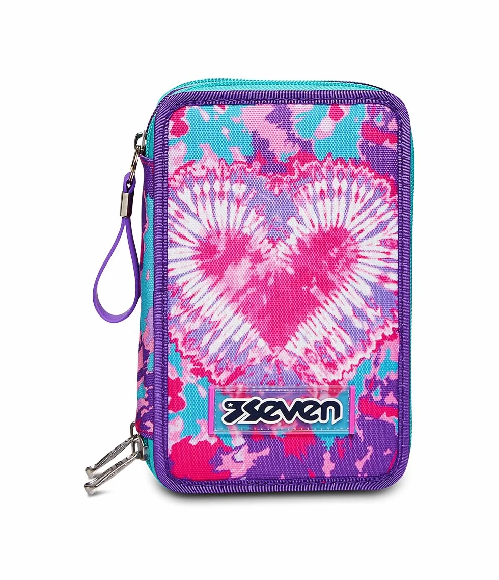 Seven Astuccio Scuola Elementare 3 scomparti con Matite Pennarelli Penne 3 Zip Trendy Heart Girl rosa/azzurro