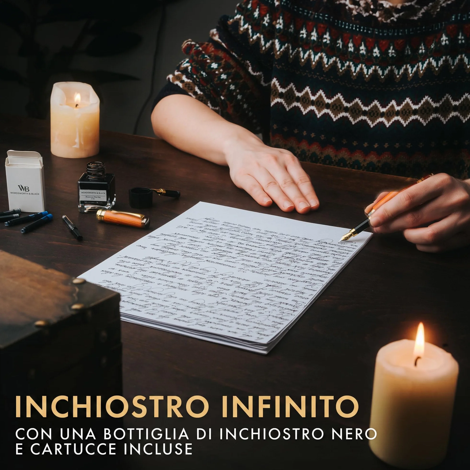 Wordsworth & Black's Set di Penne Stilografiche Lusso Legno di Bambù Pennino Medio Pennino Extra Fine Custodia Regalo Boccetta di Inchiostro Nero da 25ML 6 Cartucce di Inchiostro [Legno di Ciliegio]