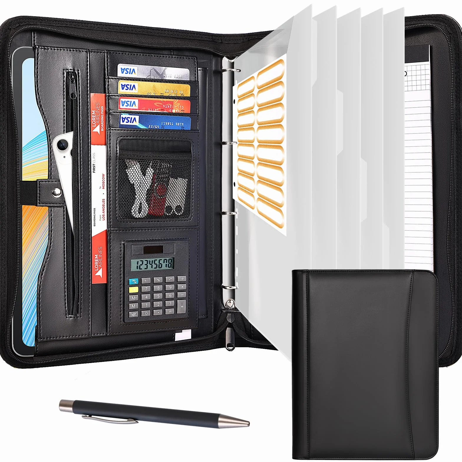 Leathario Cartella portadocumenti A4 pelle vegana organizer con cerniera Nero