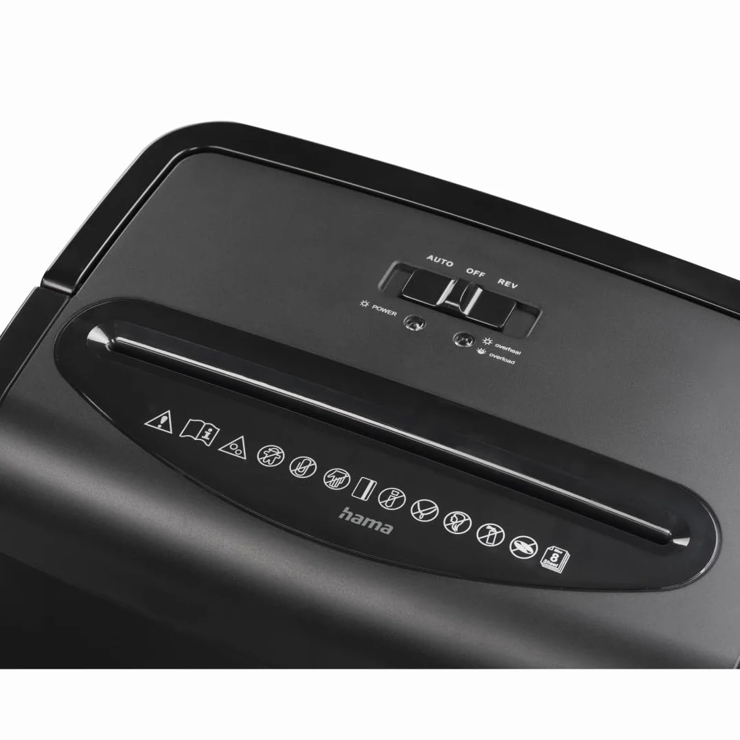 Hama Trituratore Carta Distruggitrice Distruggitrice Documenti Carte Graffe, 8 Fogli A4 a Volta, Sicurezza/Off Auto, LED Overload Overheat, Funzione Indietro, Cestino 20L, Sicurezza P5 T5 E4, Nero