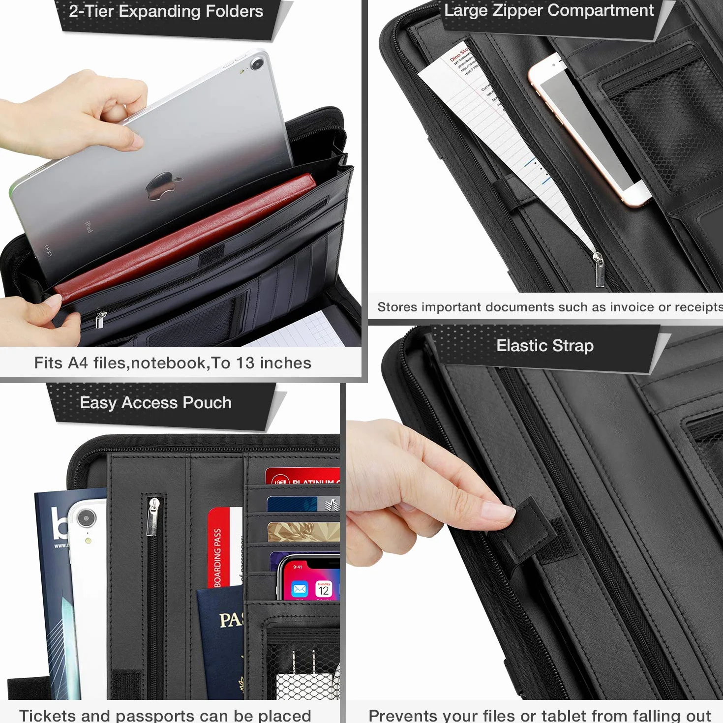 Cartella Portadocumenti A4 Pelle Cerniera 2 Livelli Organizer Portablocco Borsa Conferenza NERO