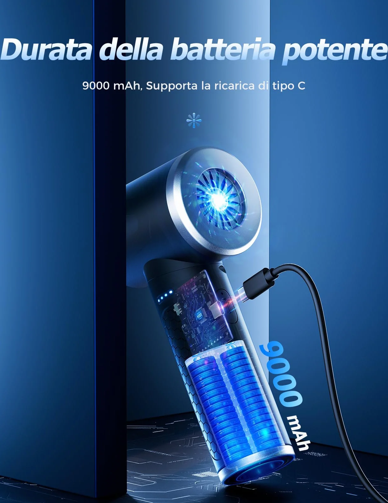 Aria Compressa Elettrico 3 Velocità con Luce LED, 100.000 Giri/Min, Batteria 9000 mAh, Kit Pulizia PC