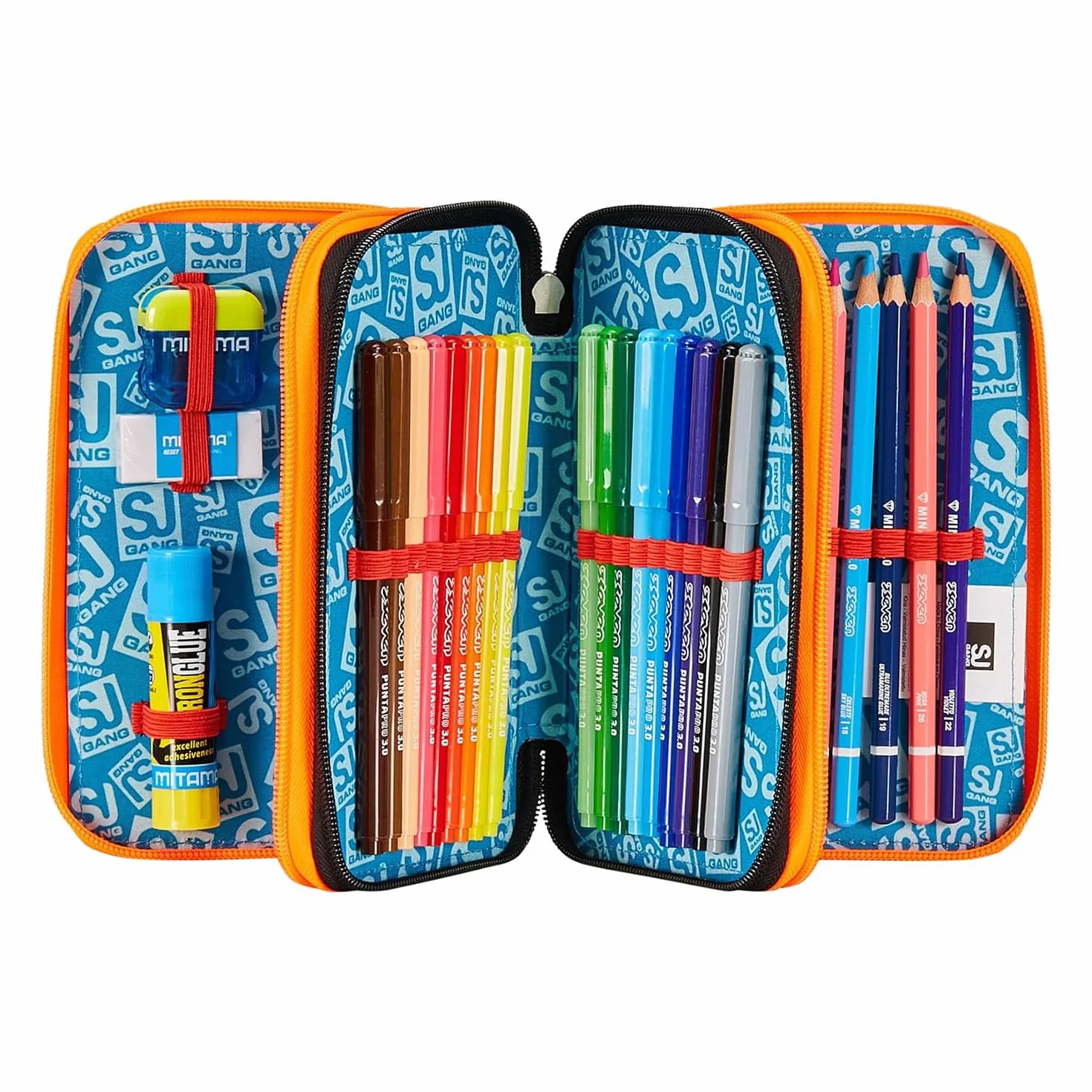 SJ GANG STYLE JAM GANG Astuccio Scuola 3 Zip, Nero, Verde, RexMe, Portapenne Triplo Scomparto Completo Di Penne, Matite, Colori, Accessori Zaino, Elementari, Medie, Bambino