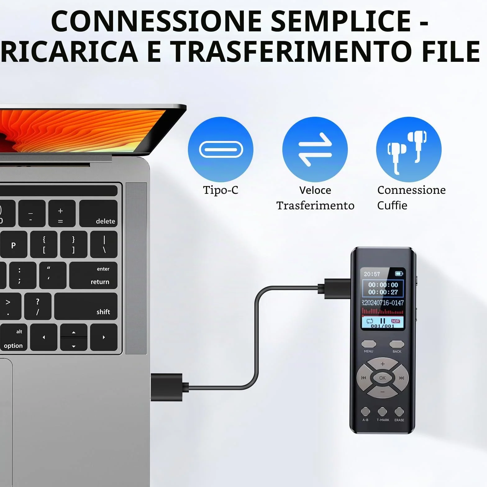 Registratore vocale digitale 64G, dittafono MP3 con funzione loop A-B, registrazione HD 1536 Kbps