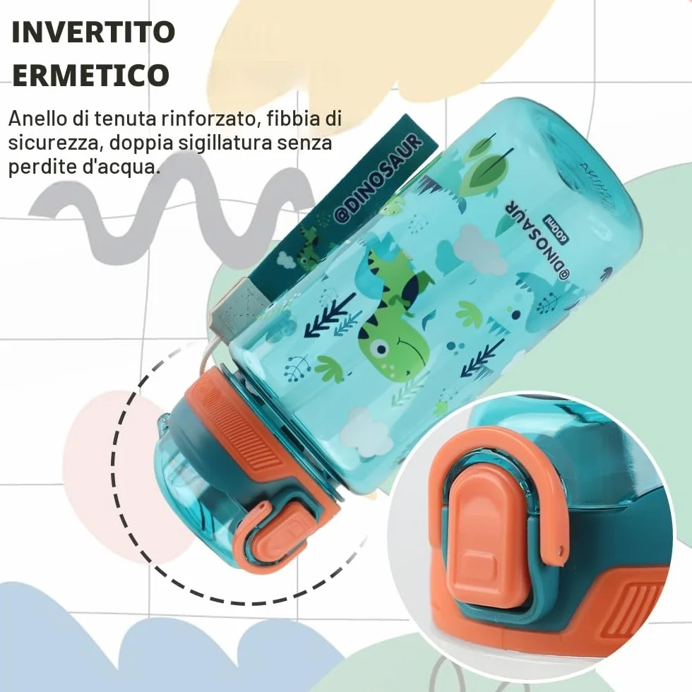 Dinosauro Borraccia Bambini 600 ML Infrangibile Senza BPA Apertura One-Touch Facile da Pulire
