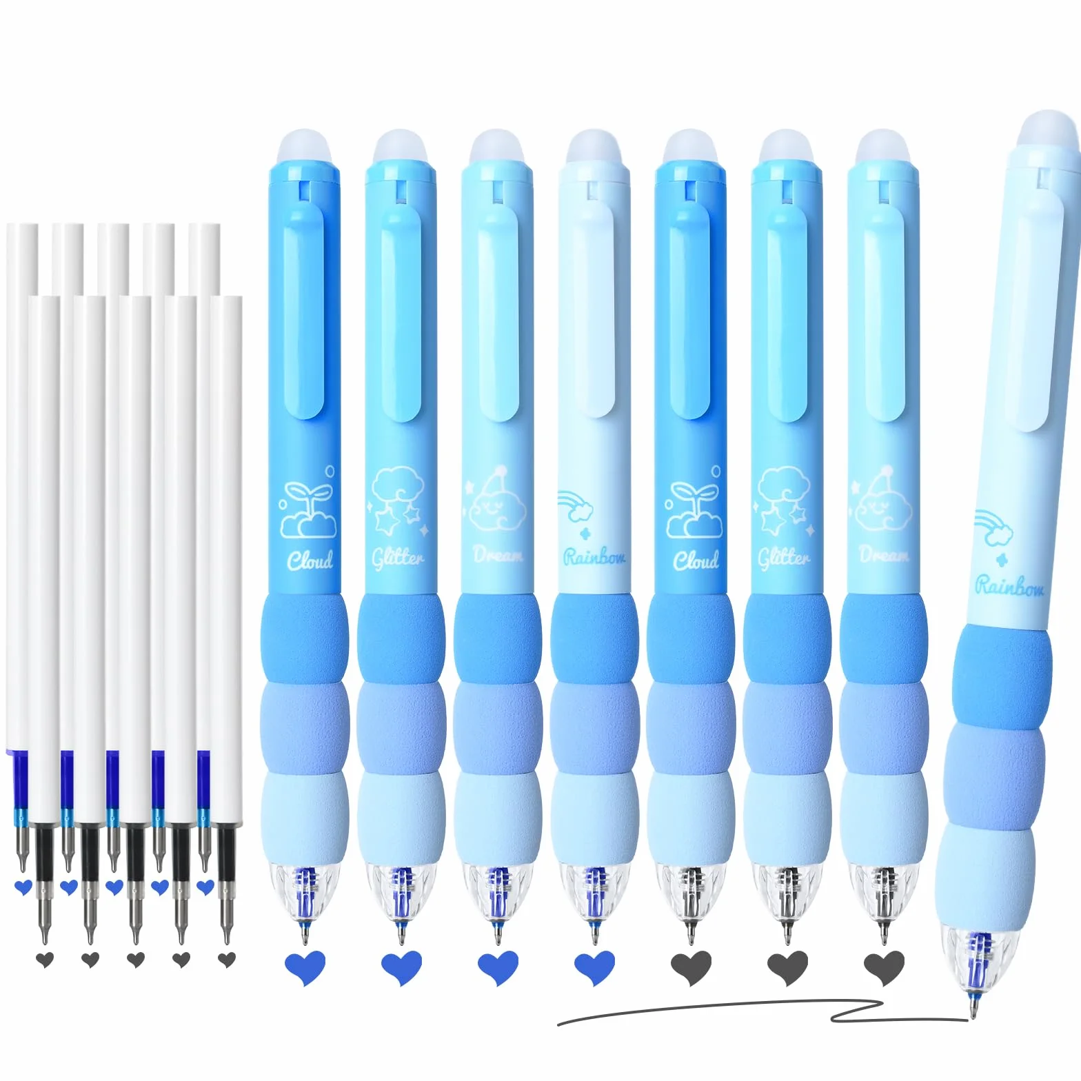 Temiary 18 penne gel cancellabili retrattili estetiche, fanno scomparire gli errori, 8 penne e 10 ricariche, penna per scrittura liscia a cartoni animati, penna a inchiostro nero e blu da 0,5 mm,