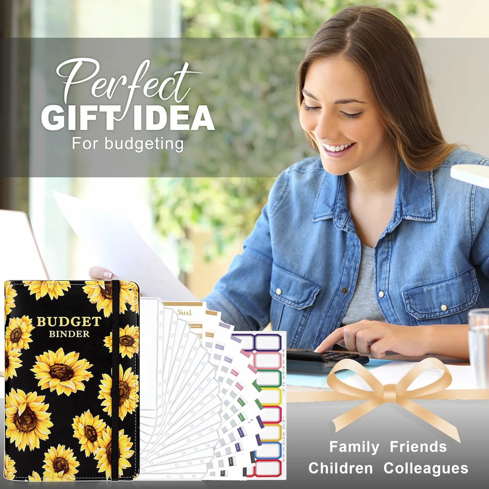 TAOPE Portadocumenti in Pelle PU A6 Binder Budget Set con 12 Sacchetti Trasparenti Cerniera, Nero Girasole