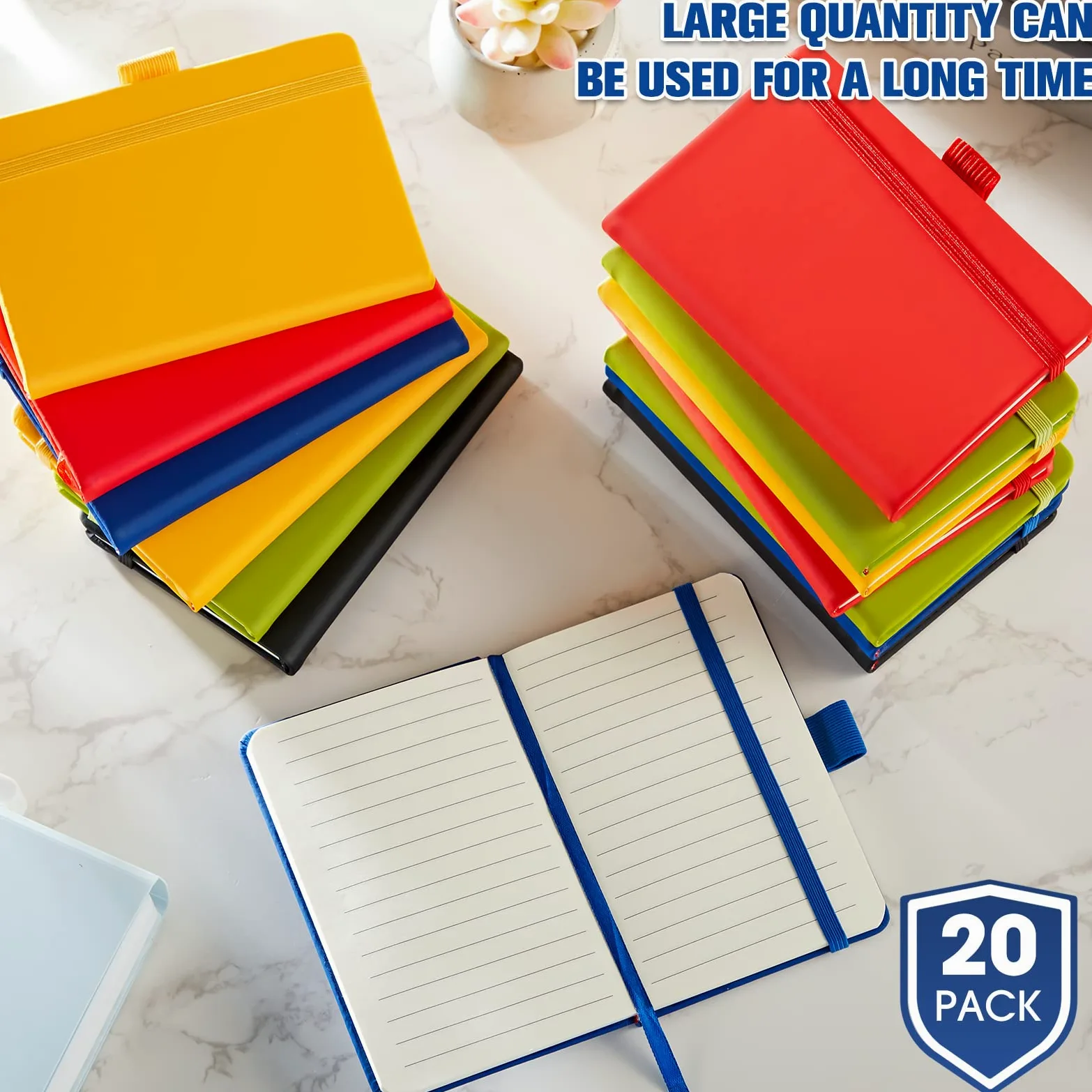 Confezione da 20 quaderni tascabili da 9,5 x 12,5 cm, a righe, formato A6, mini taccuino con portapenne con tasca rigida (nero, blu, verde, rosso, giallo)
