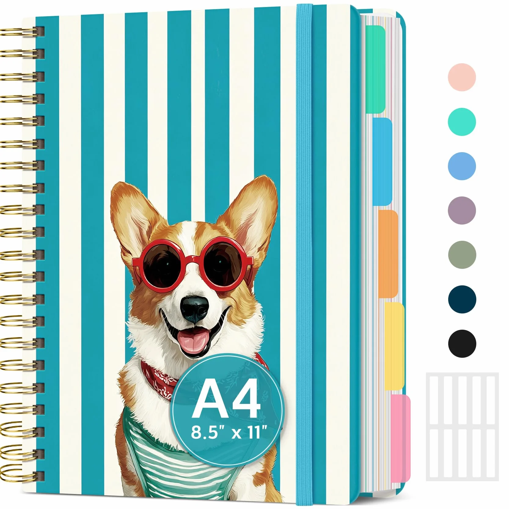 Sunny Barker - Taccuino a spirale grande, per lavoro con divisori e schede, 21,6 x 27,9 cm, copertina rigida, 5 soggetti, a righe, 280 pagine