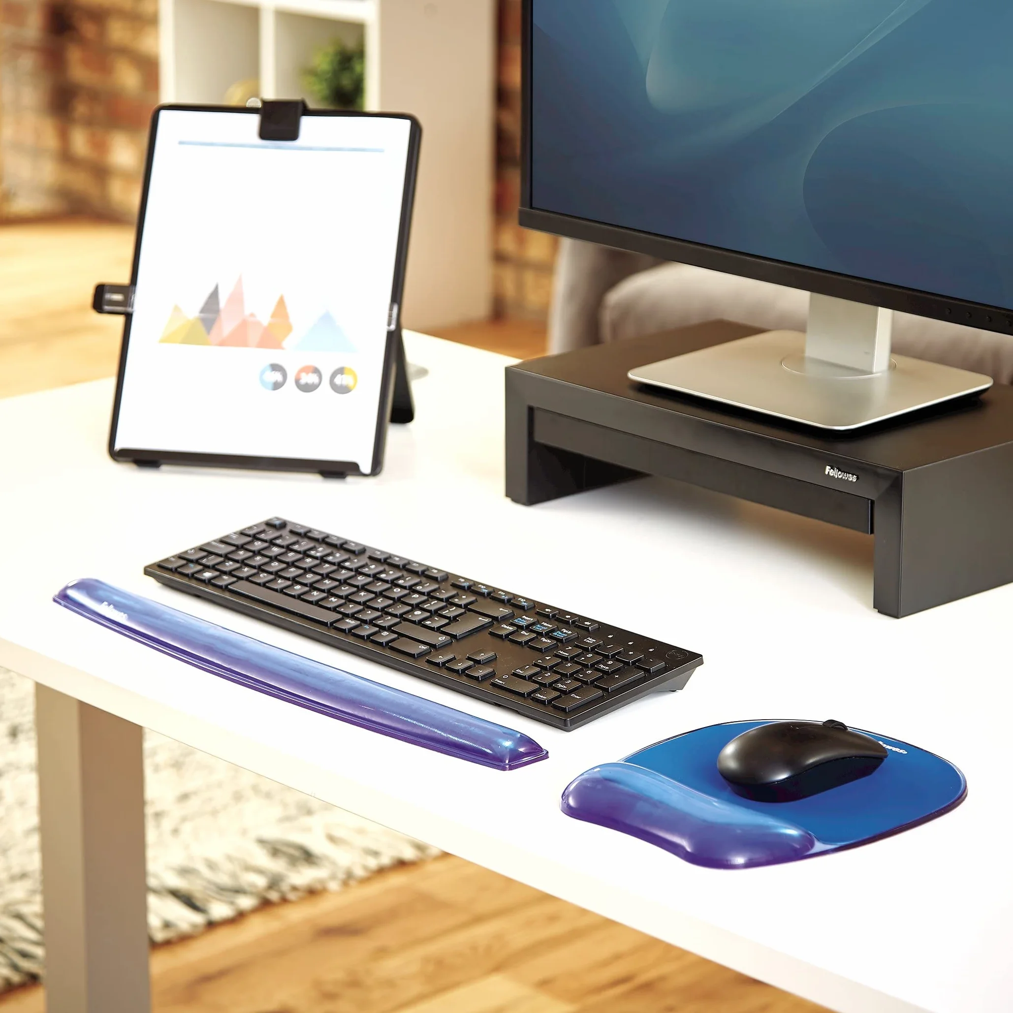 Fellowes Tappetino mouse poggiapolsi in Gel Crystals, base in gomma antiscivolo, ergonomico blu