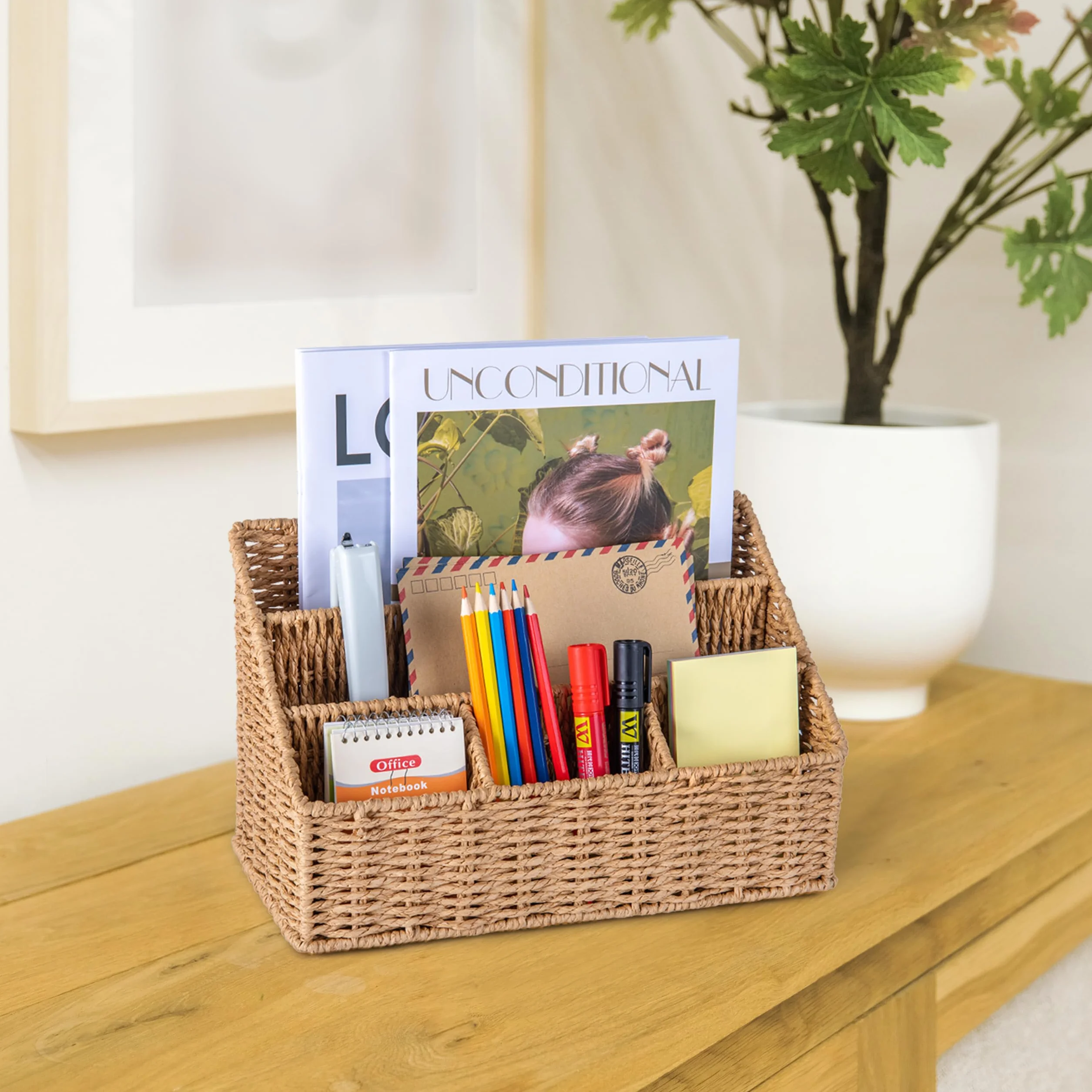 DINGTAI Organizer da scrivania in rattan, supporto per posta da tavolo, 5 scomparti, cestino da bancone, forniture per ufficio in rattan, accessori da scrivania in vimini, organizer da scrivania in