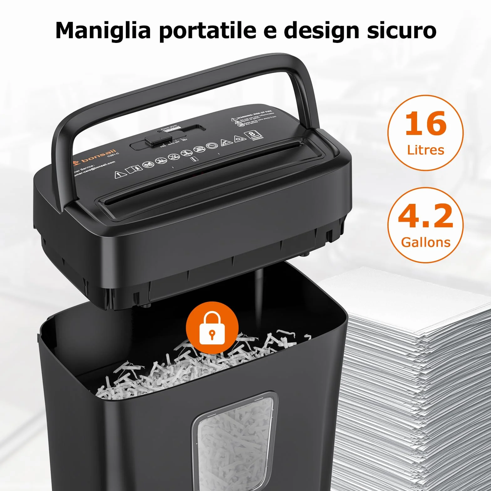 Bonsaii Distruggi Documenti 8 Fogli, Tritacarte per Casa e Ufficio, Livello di Sicurezza P-4, Taglio a Croce 5×14mm, Carte di Credito, Graffette, Protezione Surriscaldamento, Cestino 16L, C261-C
