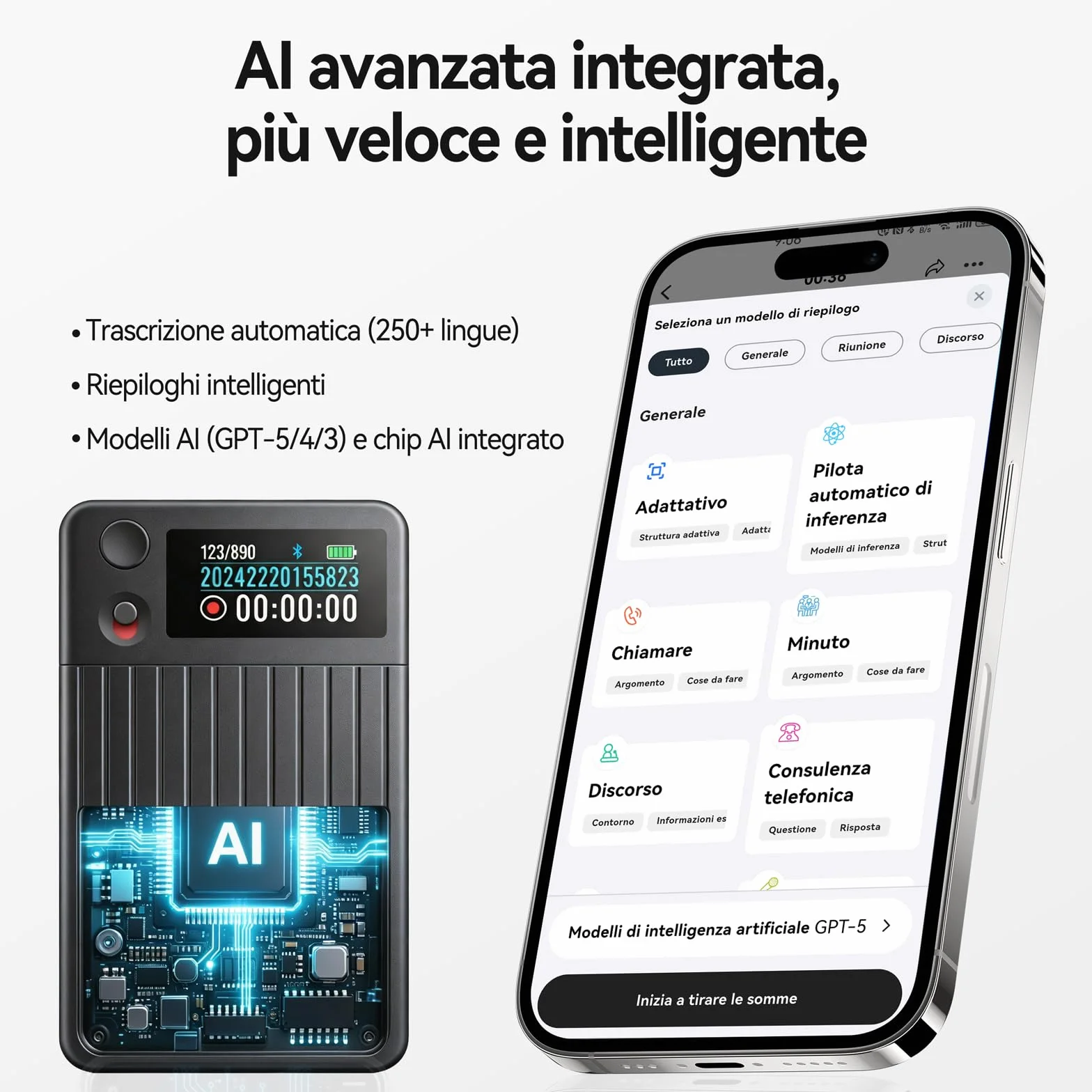Registratore Vocale AI con Trascrizione e Riassunti AI Avanzati, 1200 Minuti al Mese, Audio HD, con Custodia, per Riunioni di Lavoro, Lezioni e Chiamate, Regalo per Professionisti e Studenti