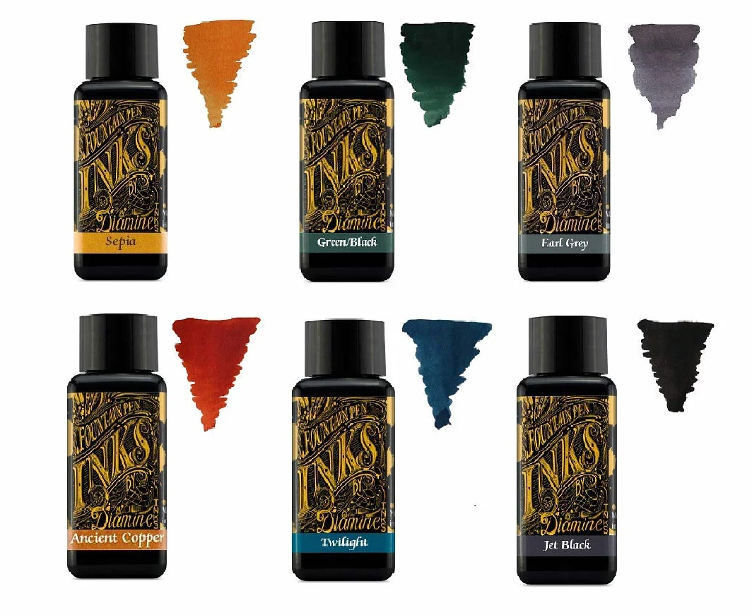 Diamine Inchiostro per penna stilografica, 30 ml, colore base, 6 x bottiglie – Sepia, Green Black, Earl Grey, Ancient Copper, Twilight, Jet Black