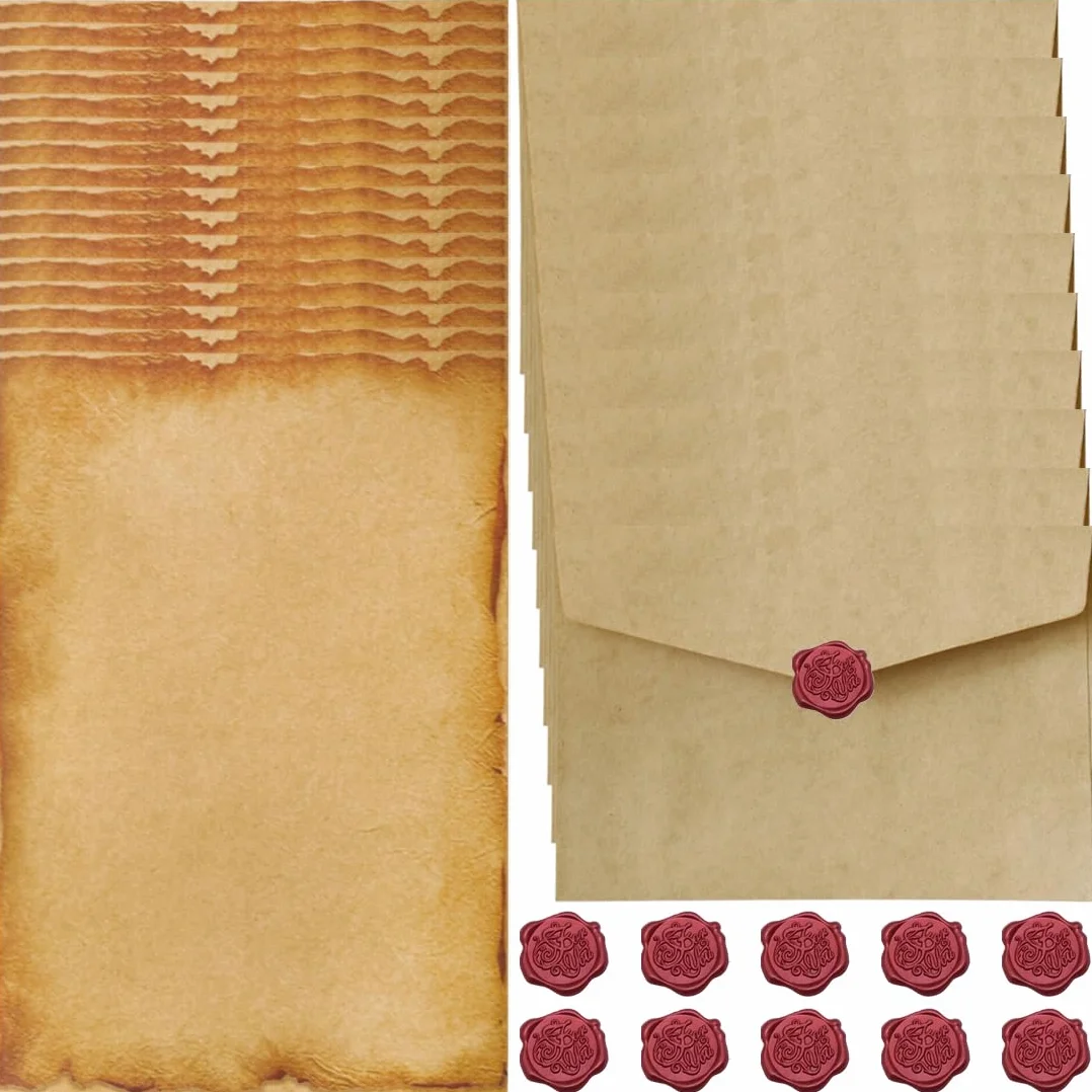 Carta da Lettere Vintage con Buste Kraft Decorate - Set 16 Fogli 10 Buste con Sigillo di Cera