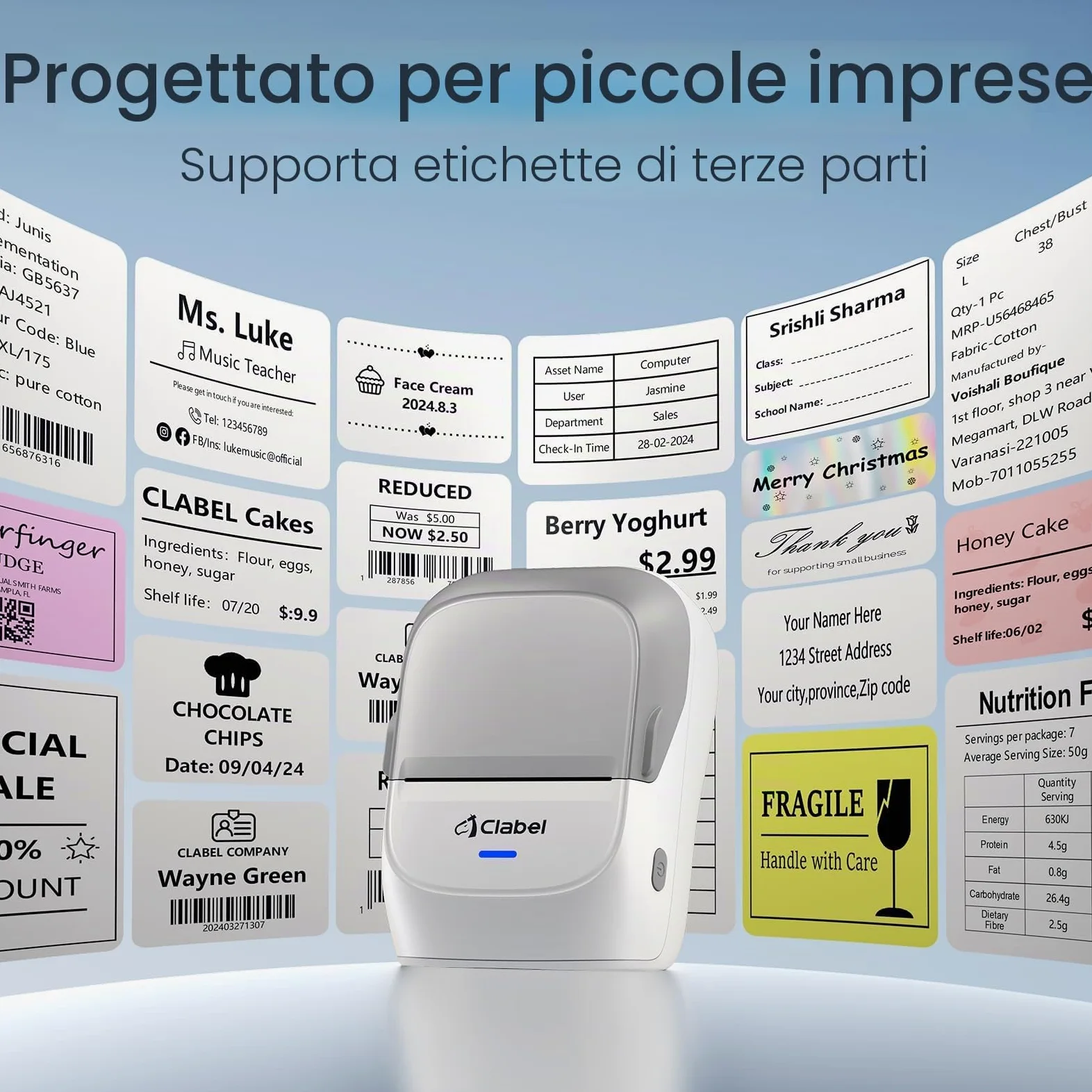 CLABEL Mini Portatile Stampante per Etichette: 221B Bluetooth Termica Etichettatrice Adesive Compatibile con iOS e Android Label Printer con 1 Rotolo di Etichette per Ufficio Casa Prezzo(Grigio)