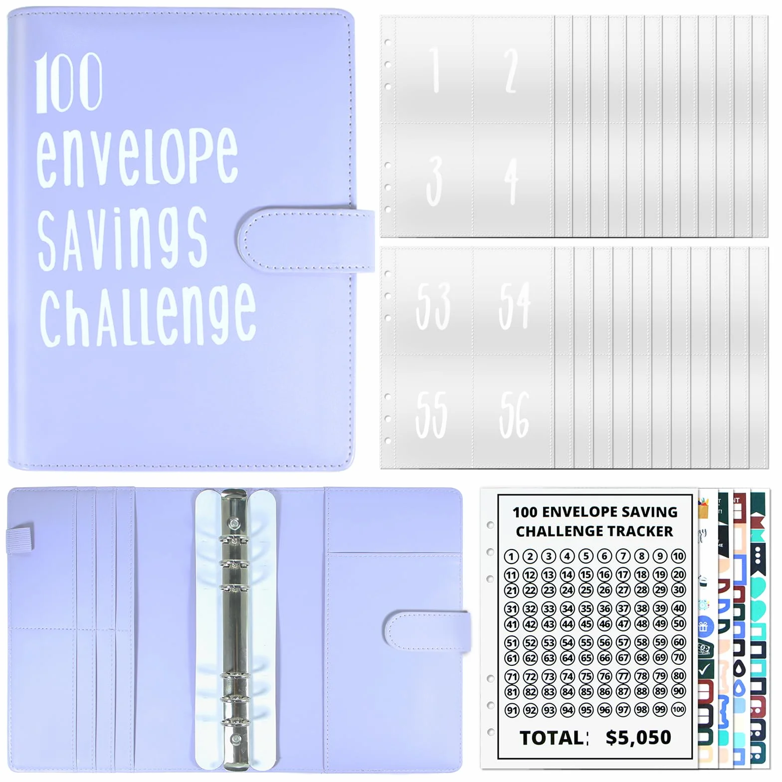 100 Envelope Challenge Binder Budget Planner Kit A5 Salvadanaio Sfida Risparmia denaro con scomparti per banconote e adesivi
