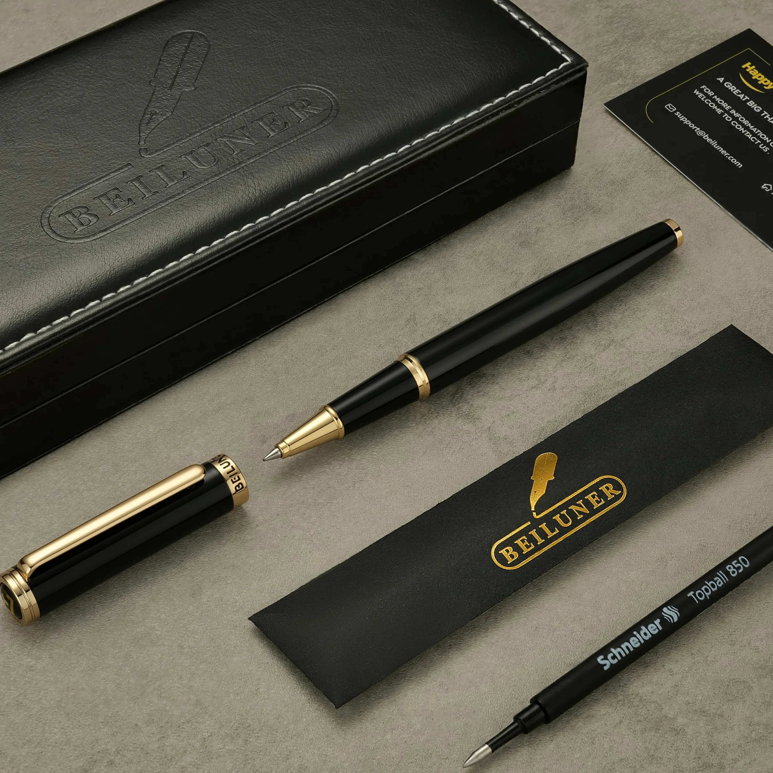 BEILUNER Penna Rollerball di Lusso Finiture Oro 24K, Design Nobili ed Eleganti, Ricambio Schneider, Set Regalo per Uomo e Donna, Professionale, Ufficio Dirigenziale - Nero & Oro