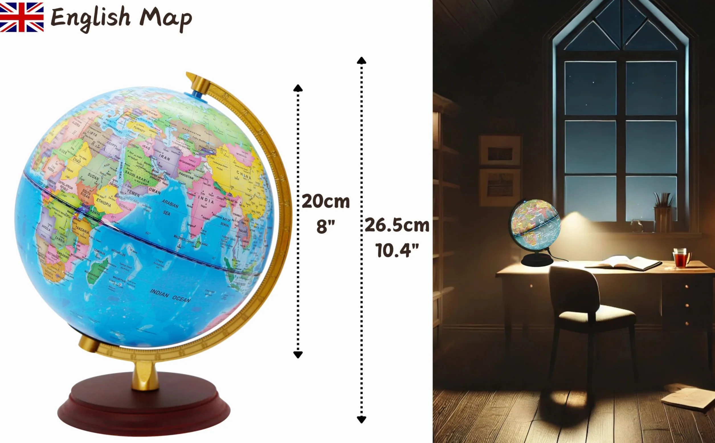 EXERZ 20cm Mappamondo illuminato - Mappa Inglese - Globo Supporto in Legno - Mappa Politica (Giorno) - Stelle Della Costellazione (Notte) - Lampada LED - Casa E Scuola