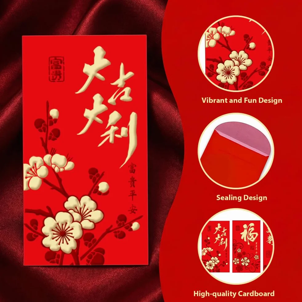 36 Pezzi Rosse per Capodanno Cinese 2026 Portafortuna con Motivo Hong Bao Rilievo