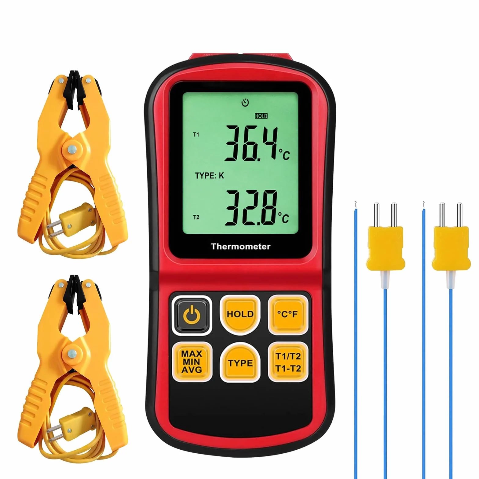 Termometro a termocoppia a doppio canale Tipo K/J/T/E/R/S/N -150~1767 °C Misuratore di temperatura digitale Retroilluminazione 2 sonde