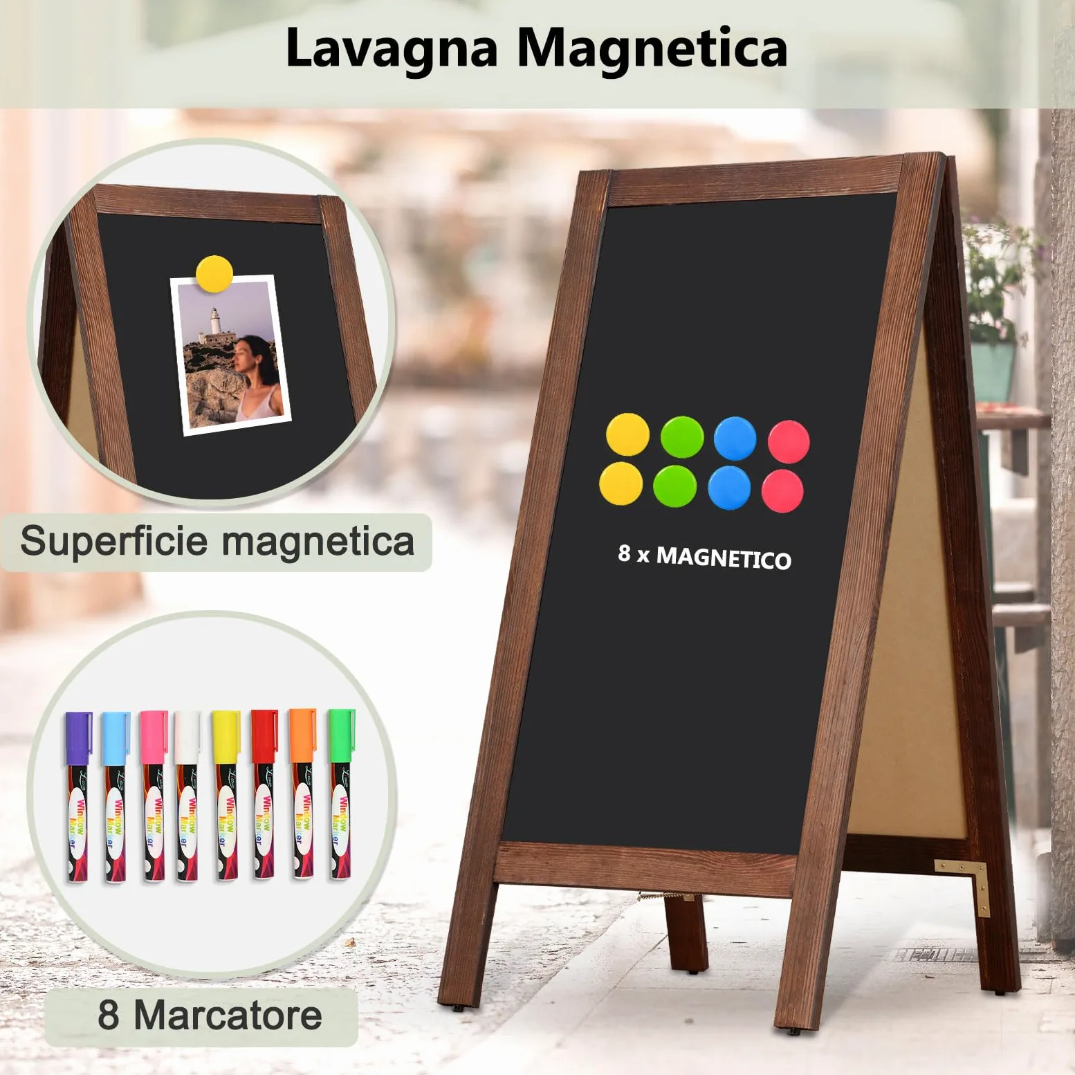 DOLLAR BOSS Lavagna nera con cavalletto Lavagna magnetica bifacciale | 48x100cm lavagna cancellabile con cornice in legno per ristoranti e negozi all'aperto