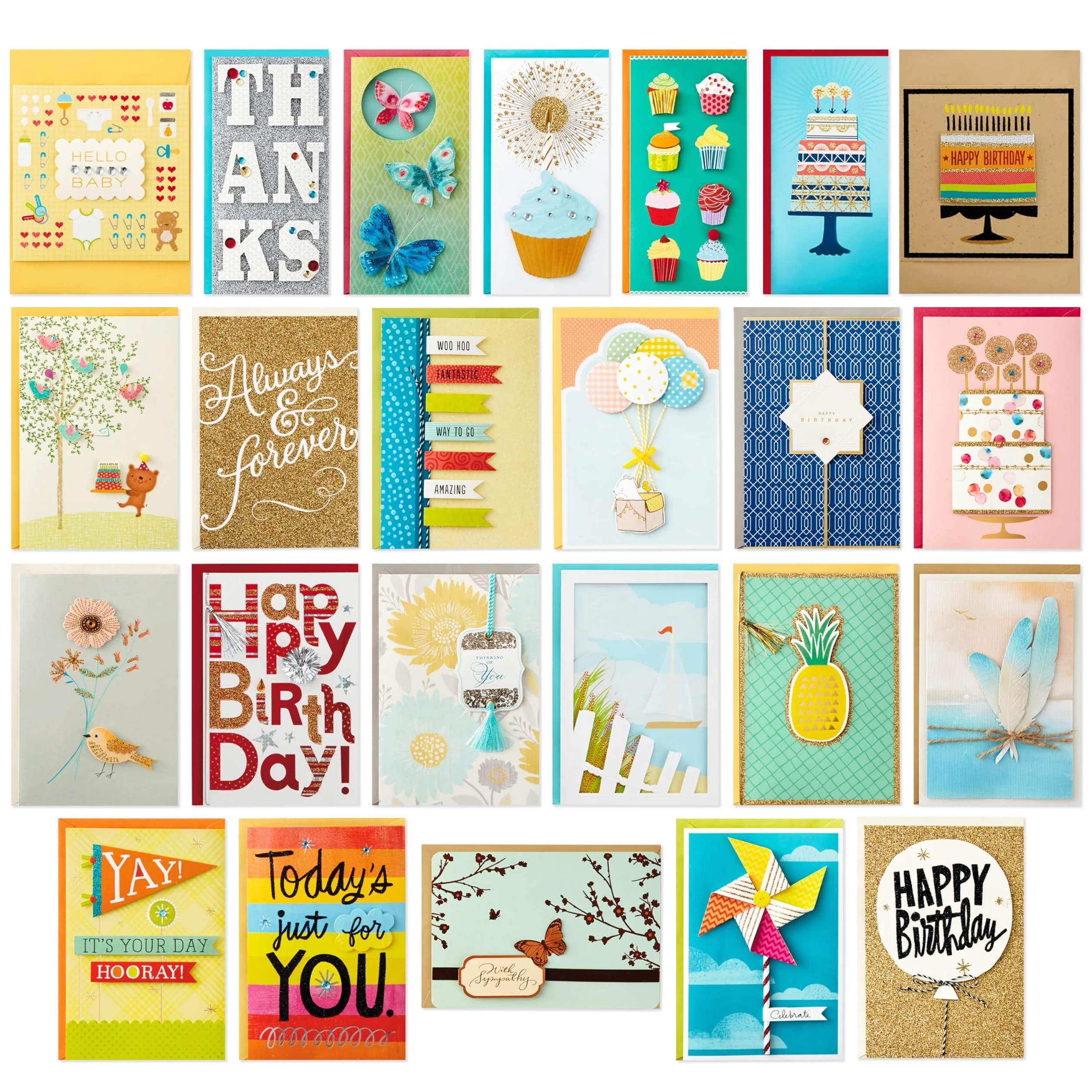 Hallmark - Set di biglietti di auguri assortiti per tutte le occasioni con organizer per biglietti (confezione da 24) – compleanno, bambino, matrimonio, simpatia, pensiero di te, grazie, in bianco