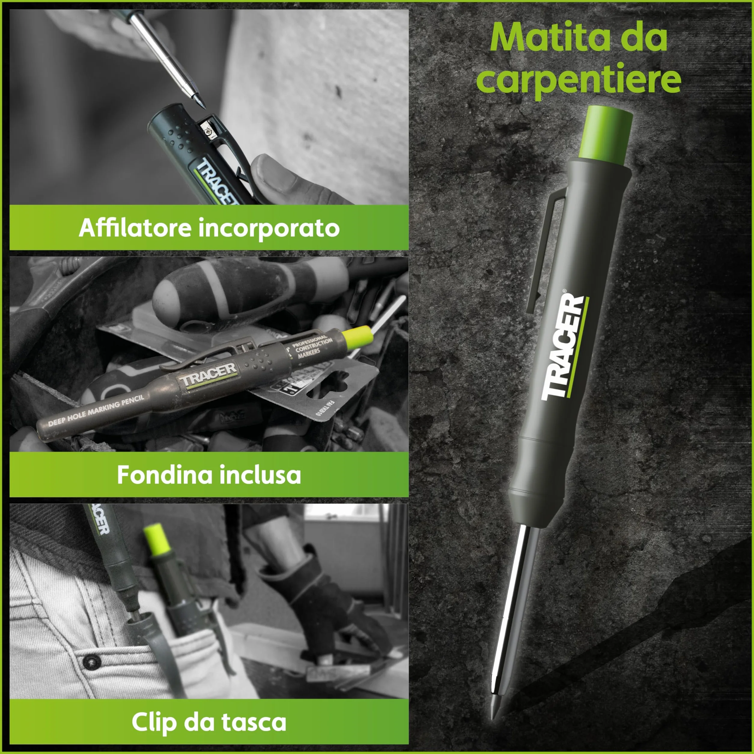 Tracer AMK5 Kit da 5 Pennarelli da Costruzione con Custodia Magnetica, Matita Carpentiere, Punta Lunga e Anti-Intasamento