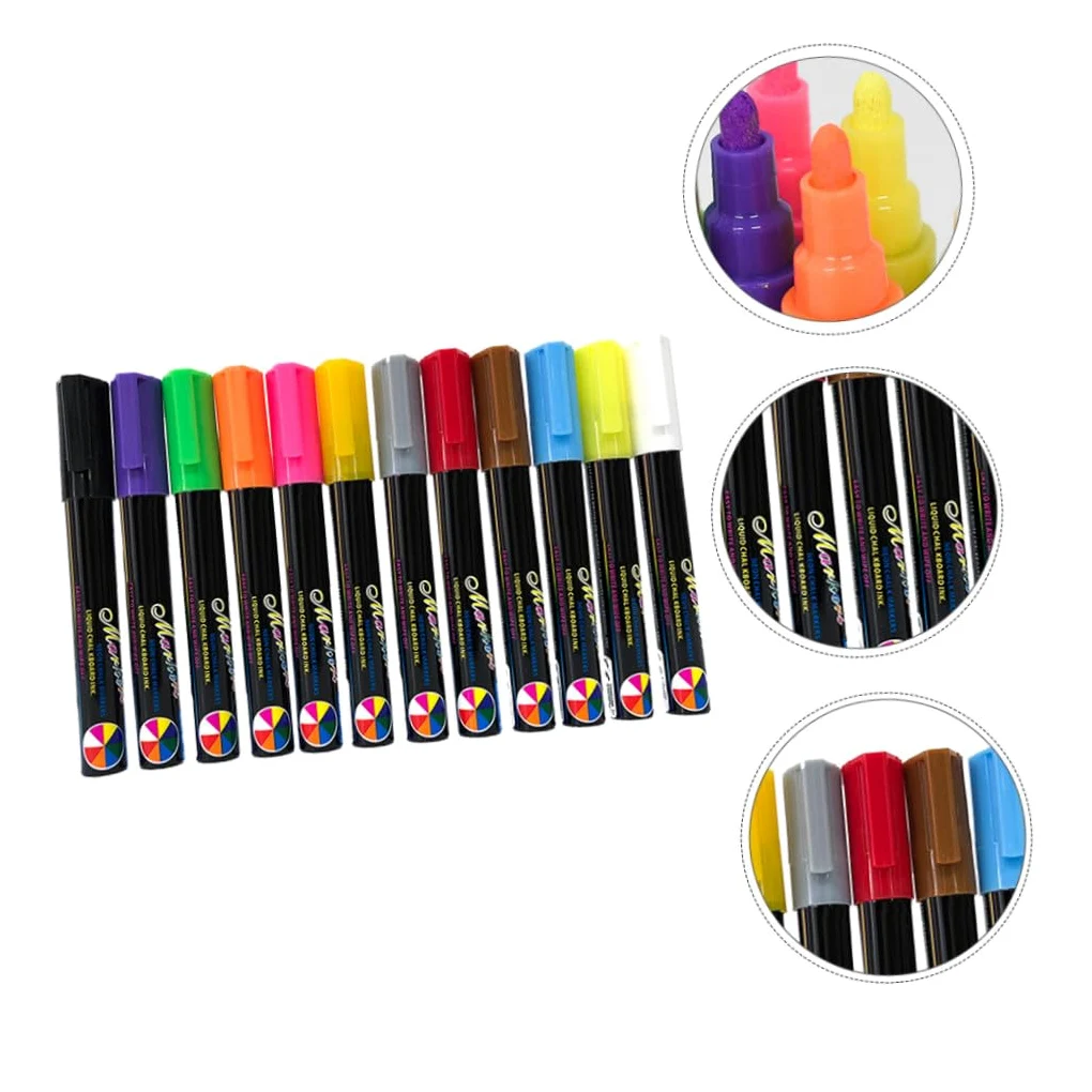 NUOBESTY Pennarelli Cancellabili Set di 12 per Lavagna, Punta Tonda 6mm | Inchiostro Liquido, Corpo in Plastica, Adatti a Lavagna Luminosa LED e Superfici a Gesso