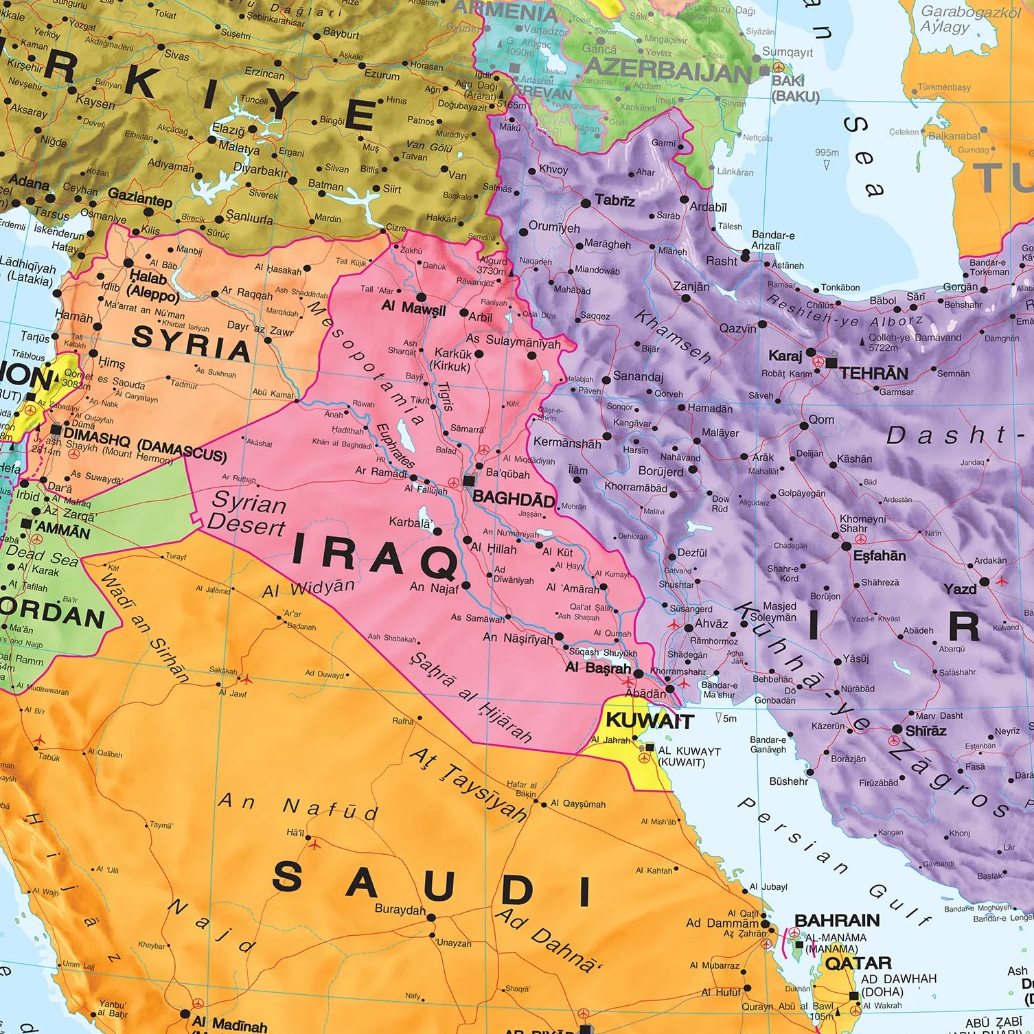 Maps International, Cartina politica del Medio Oriente aggiornata al 2024, grande, da appendere alla parete, laminata, 122 x 91,4 cm