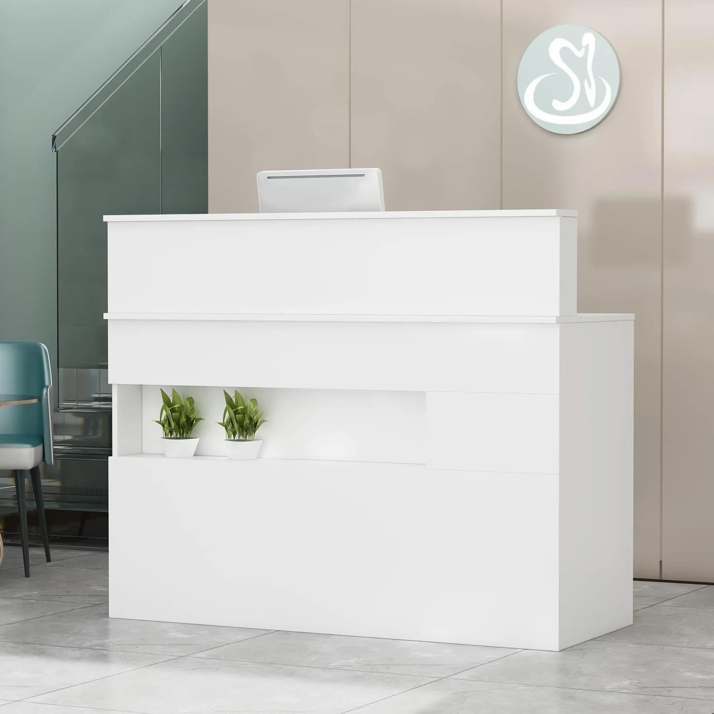 Banco reception con luce e cassetti, reception in bianco, cassette di ricevimento, bancone dell'ufficio, per sale aziendali, reception alberghiere, negozi di frutta 50 x 120 x 100 H cm