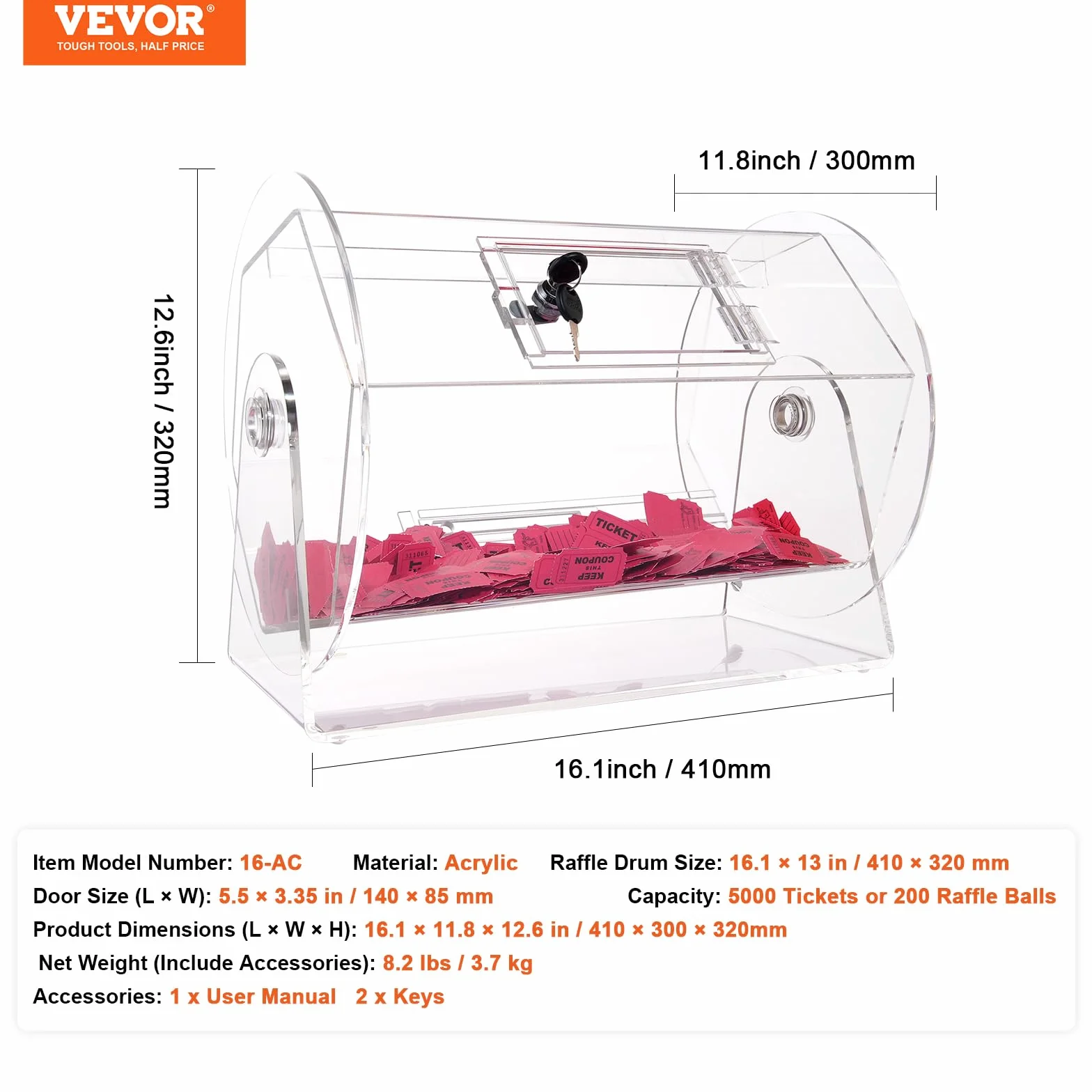 VEVOR Tamburo lotteria capienza 5000 biglietti 200 palline serbatoio girevole trasparente