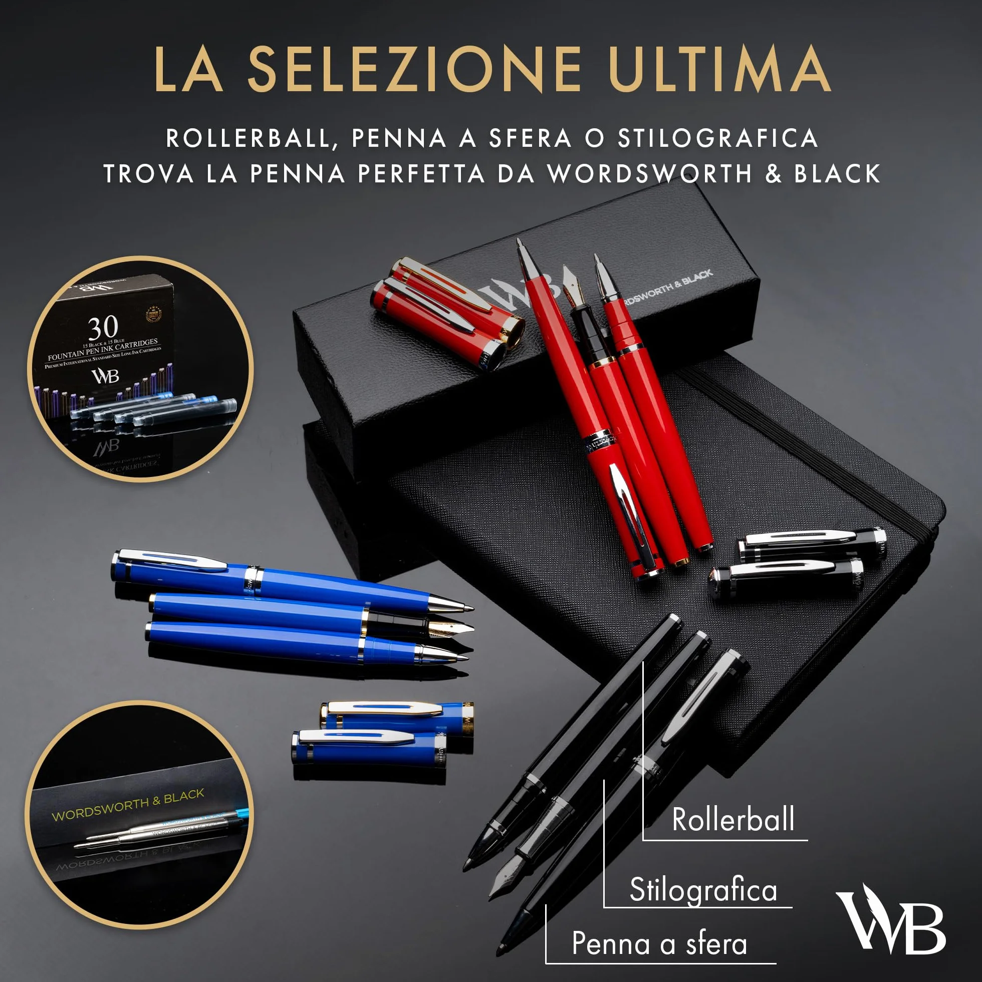 Wordsworth & Black Set di Penne a Sfera di Lusso - Lacca Argento, Finitura Oro 24K, Punta Fine Ricaricabile, Regalo per Uomini & Donne, Ricarica di Inchiostro, Belle Penne per il Lavoro