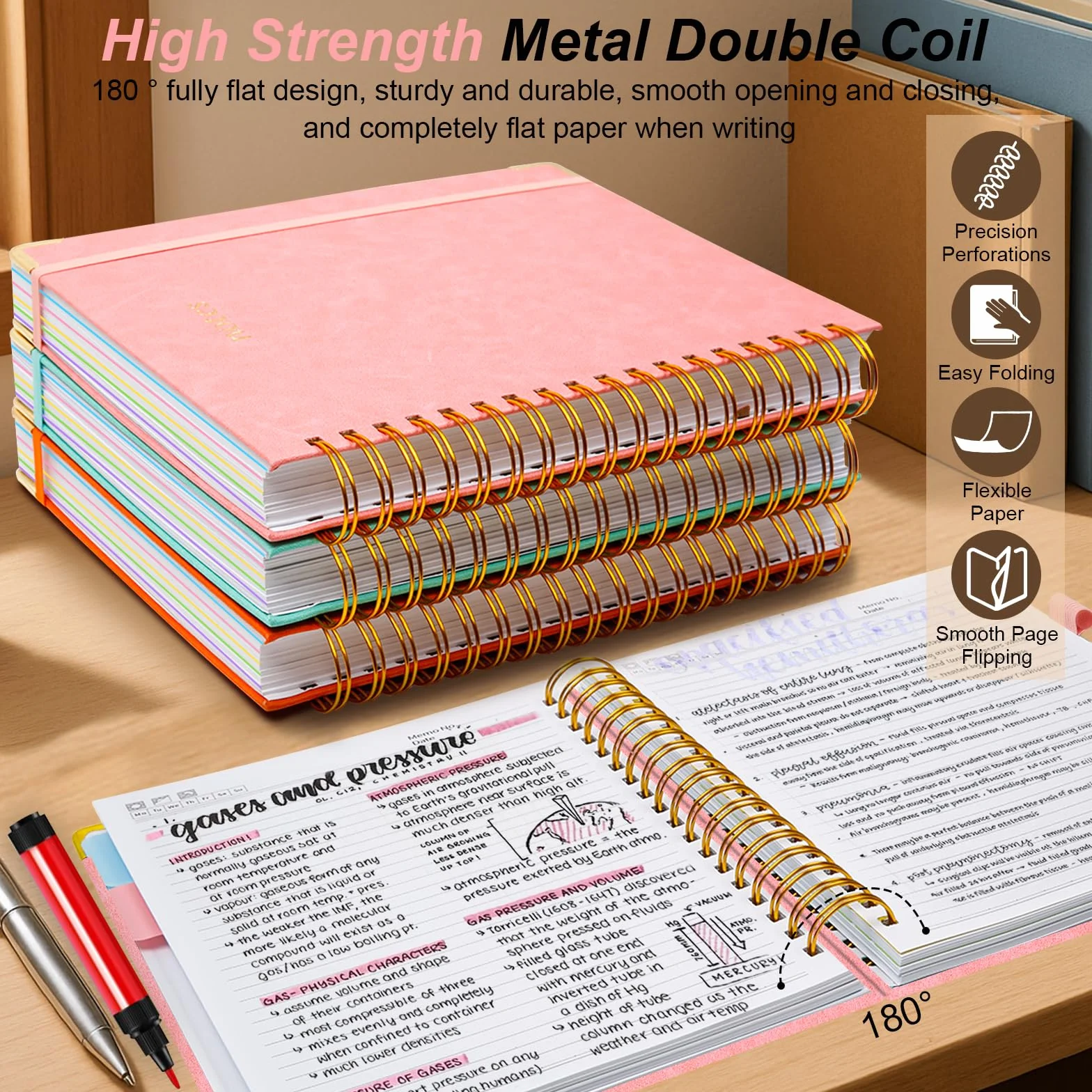 Taccuino a spirale con copertina rigida, 15,7 x 20,8 cm, con linguette e divisori rimovibili, 300 pagine, 5 soggetti, a righe, in ecopelle, per donne, scuola, lavoro (rosa)
