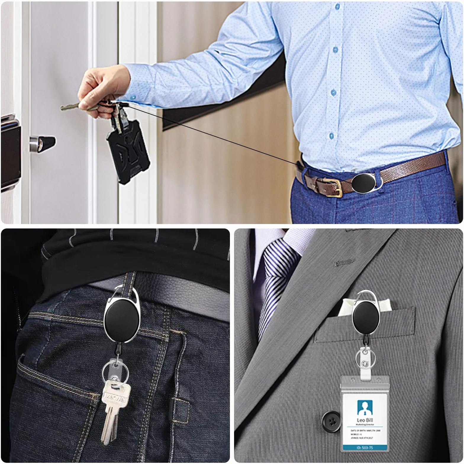 Porta Badge Retrattile 2Pcs Clip a Bobina con Portachiavi per Carte d'Identità