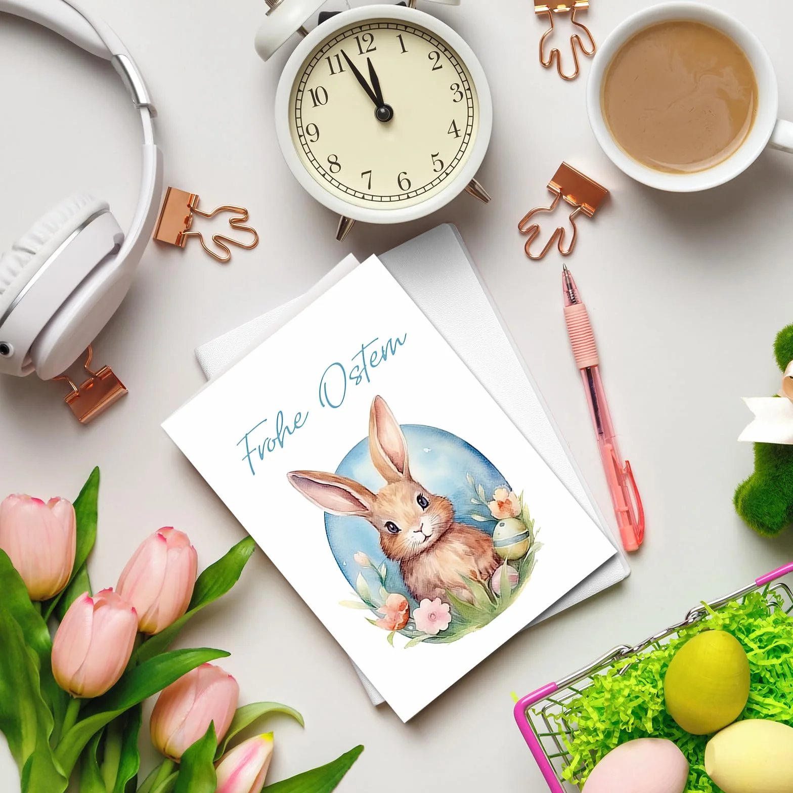 Zestaw 12 niemieckich kartek wielkanocnych z kopertami, otwieranych, z zajączkami i jajkami, Happy Easter