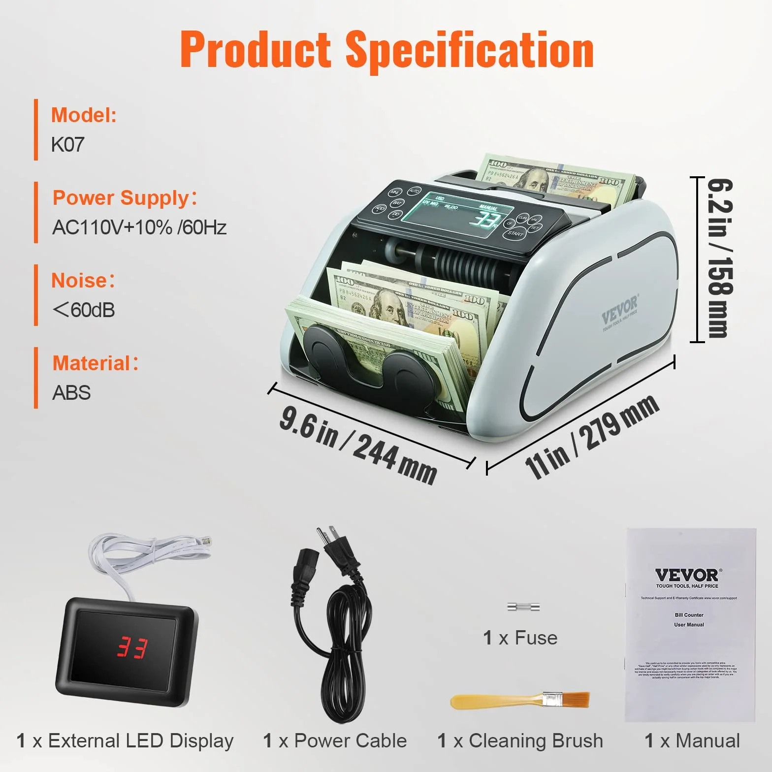 VEVOR Contasoldi, Contabanconote con rilevamento di banconote contraffatte UV, MG, IR e DD, Conta contanti USD ed EUR con ampio display LCD e display esterno per ufficio imprese