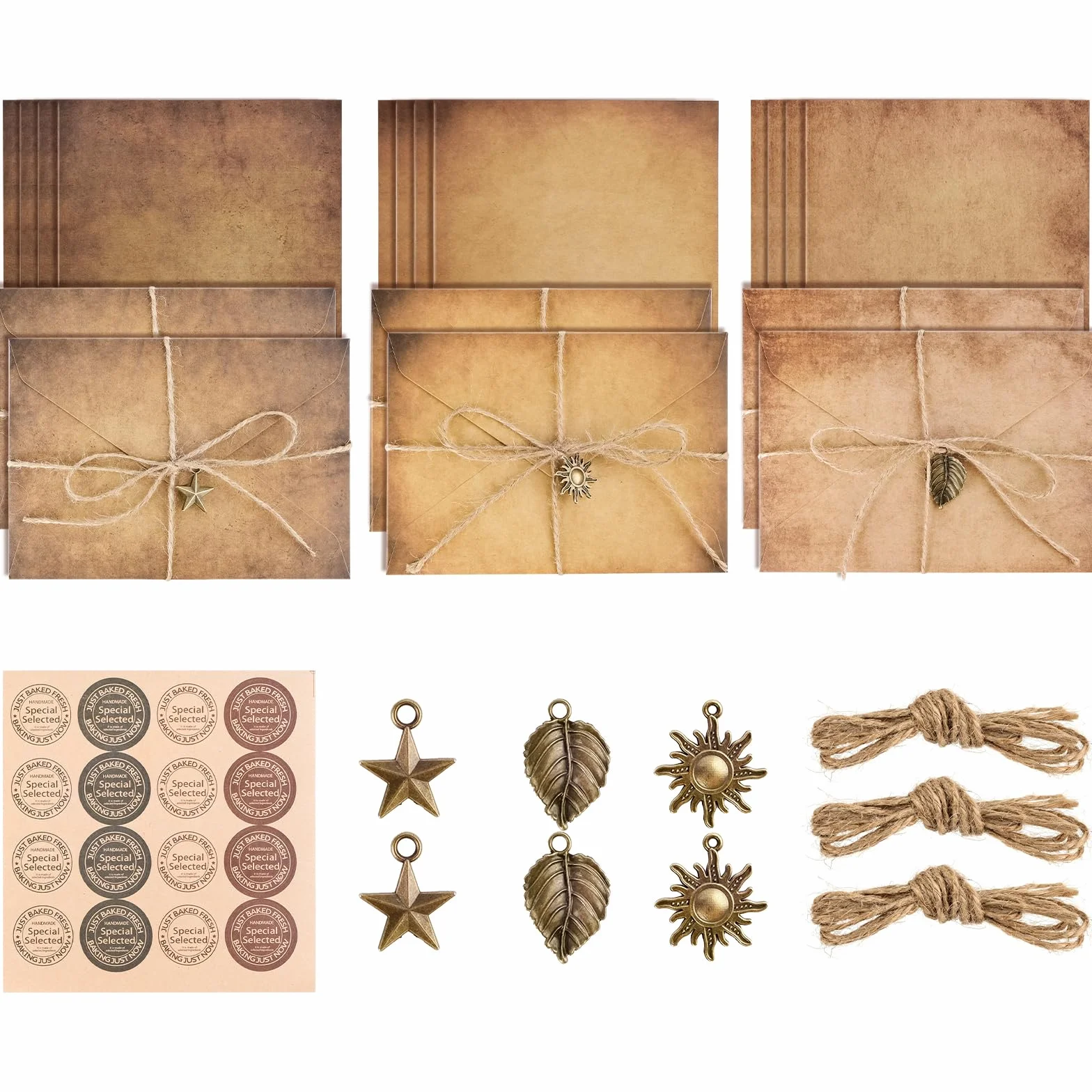 Tufa Kraft Buste Vintage Kit Scrivere Lettere Antiche 6 Carta Kraft 12 Carte da Lettera 6 Accessori Metallo 6 Corda Canapa