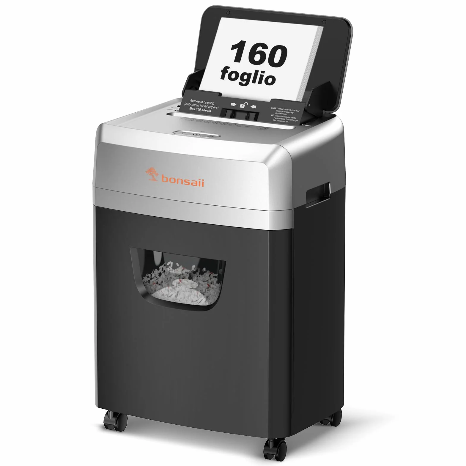 Bonsaii Distruggidocumenti con alimentazione automatica per 160 fogli, taglio a croce P-4, 60 minuti di funzionamento continuo, scatola di scarico da 23 litri, per uso ufficio C290-A