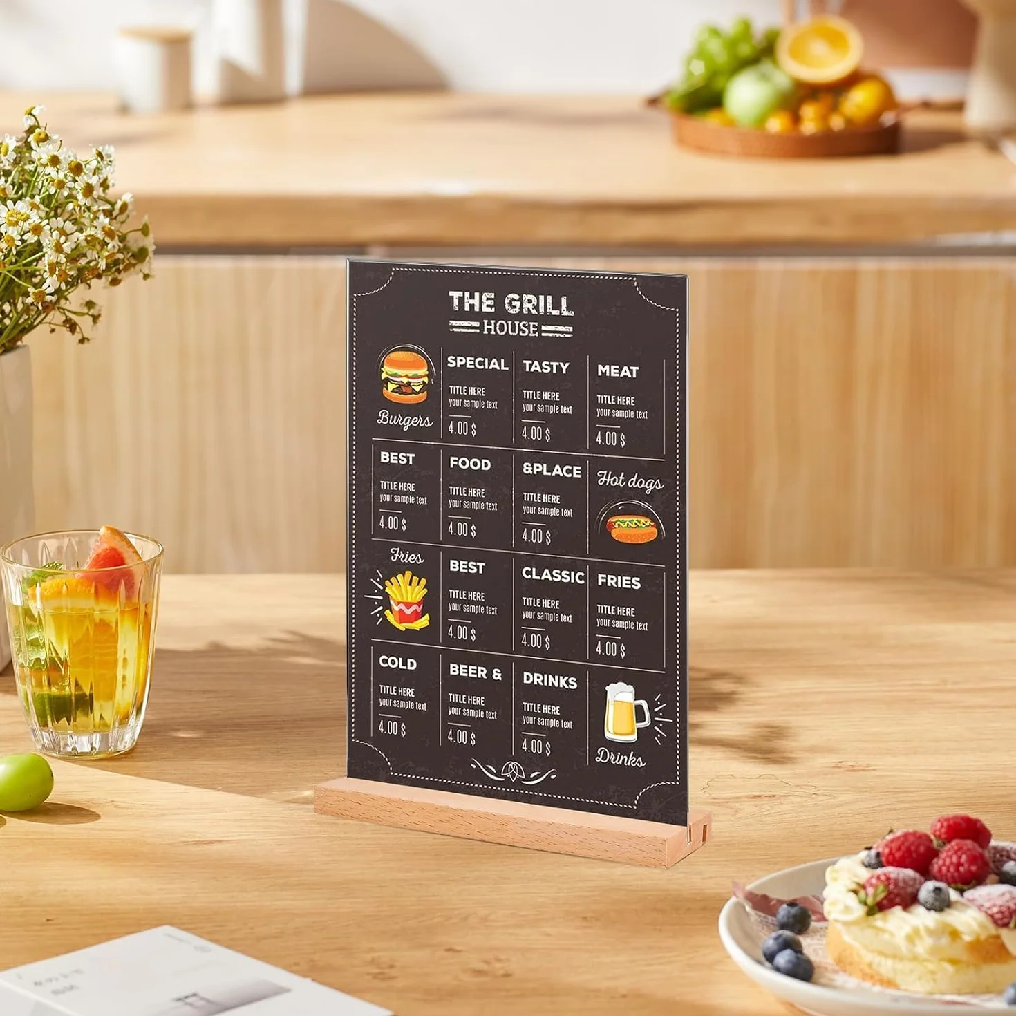 6 pezzi Espositori da tavolo A6, in acrilico, doppio slot per carte di credito, supporto da tavolo con base in legno, cartellini dei prezzi, supporto per display verticale, per ristoranti