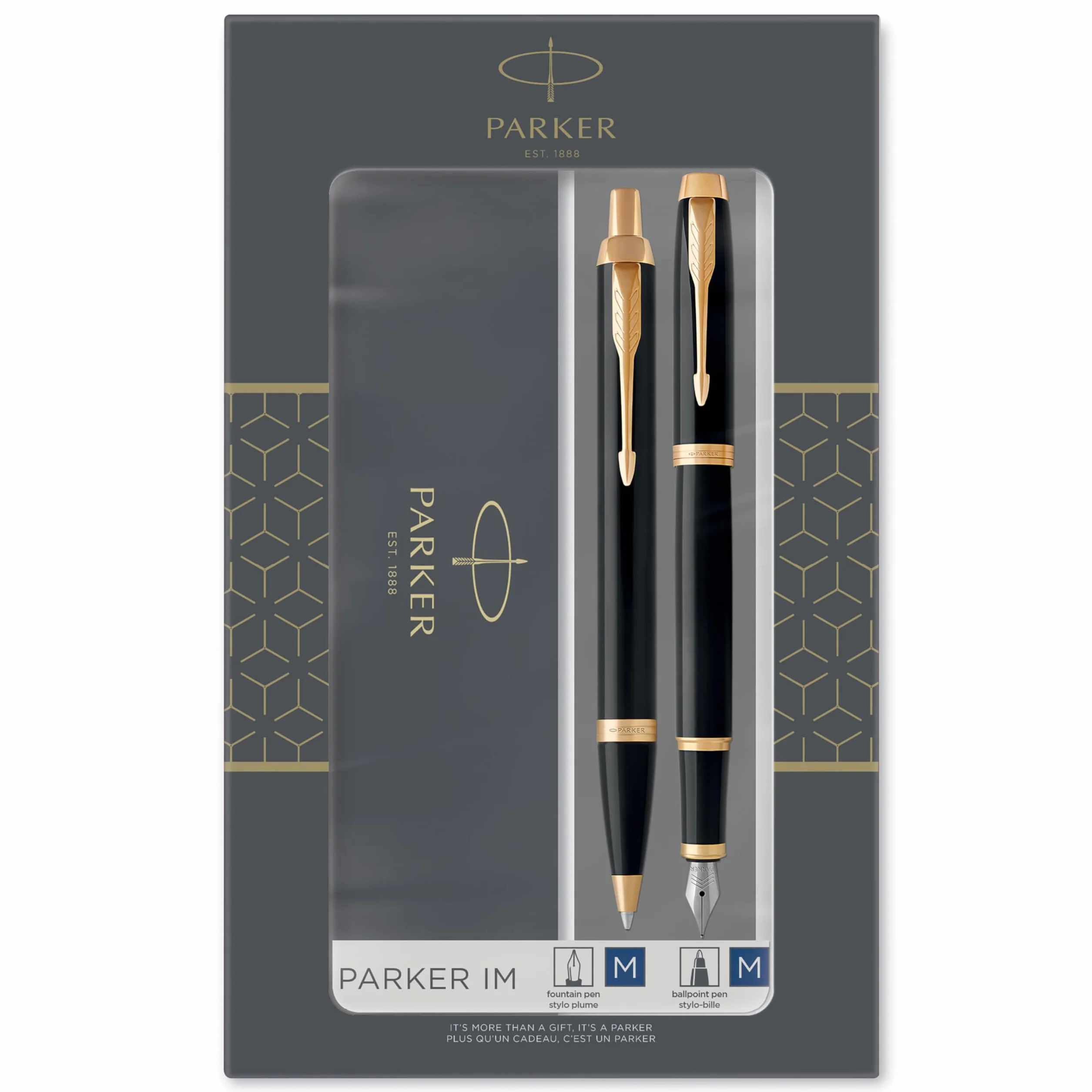 PARKER IM Duo set regalo con penna a sfera e penna stilografica, nero lucido con finiture in oro, cartuccia e ricarica di inchiostro blu, confezione regalo