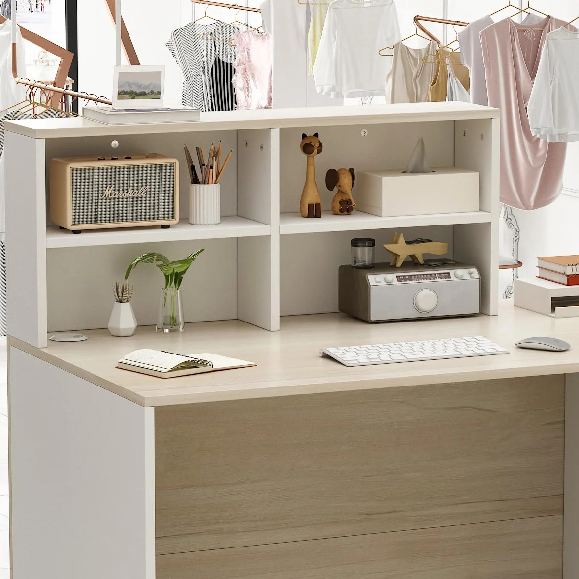 bancone reception, mobile da ufficio in legno e bianco, 140 x 60