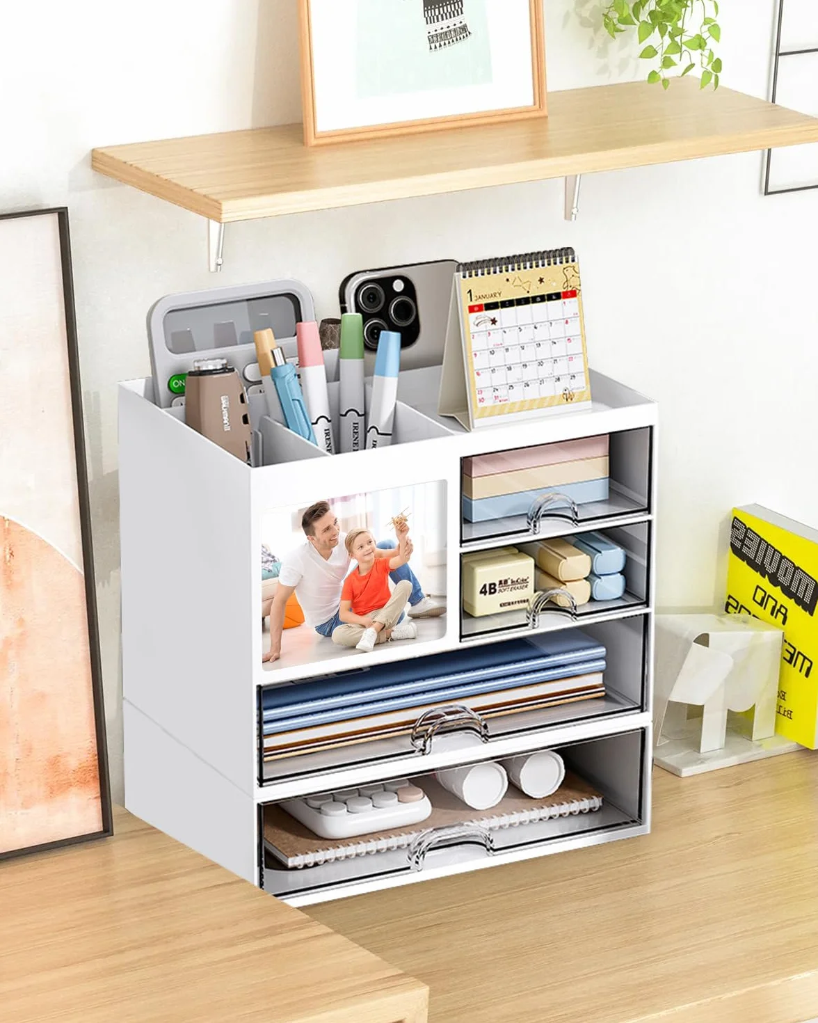 SOSINYA Organizer da scrivania con cassetto, scatola di immagazzinaggio, organizzatore di forniture da ufficio in plastica per ufficio, scuola, casa, impilabili, per penne, trucco (B)