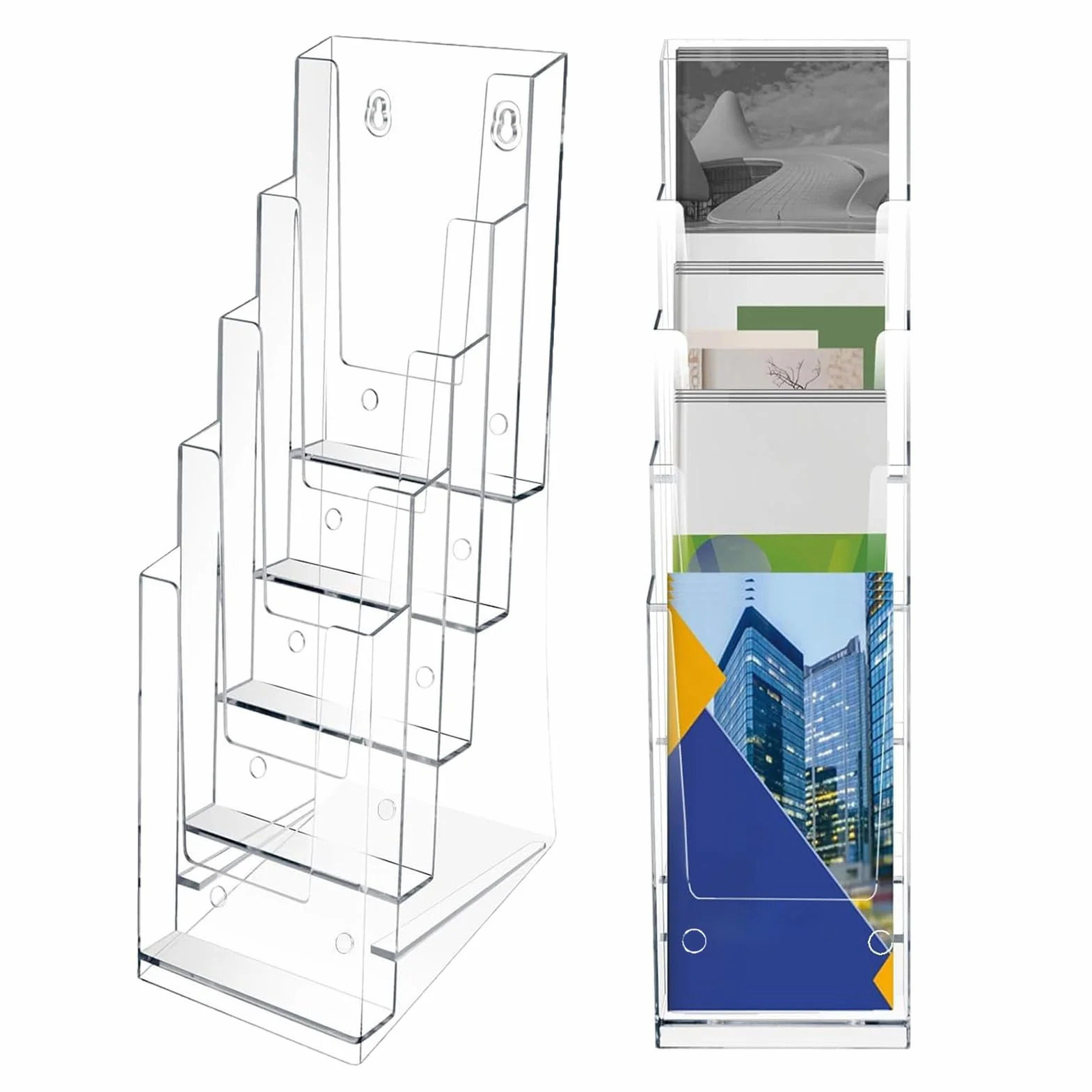 Porta opuscoli – organizer trasparente a 5 ripiani in acrilico – Espositore per brochure | per cartoline, documenti, poster, bancone, tavolo, ufficio, reception, , scuola, biblioteca