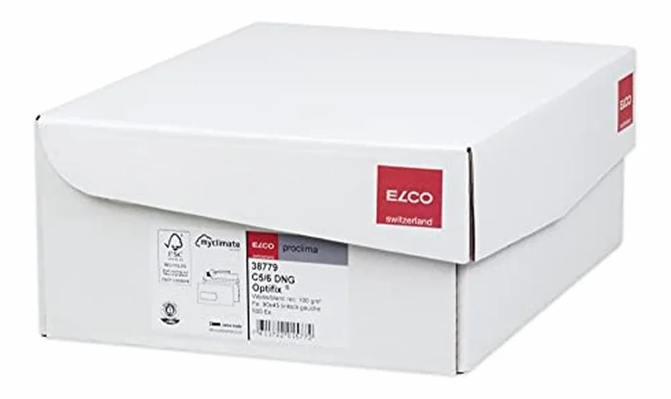 Elco Proclima FSC CO2 riciclaggio neutra Buste DL con chiusura adesiva, 100 g/m² 229 x 45 mm, con finestra sinistra (Scatola di 500 buste bianco