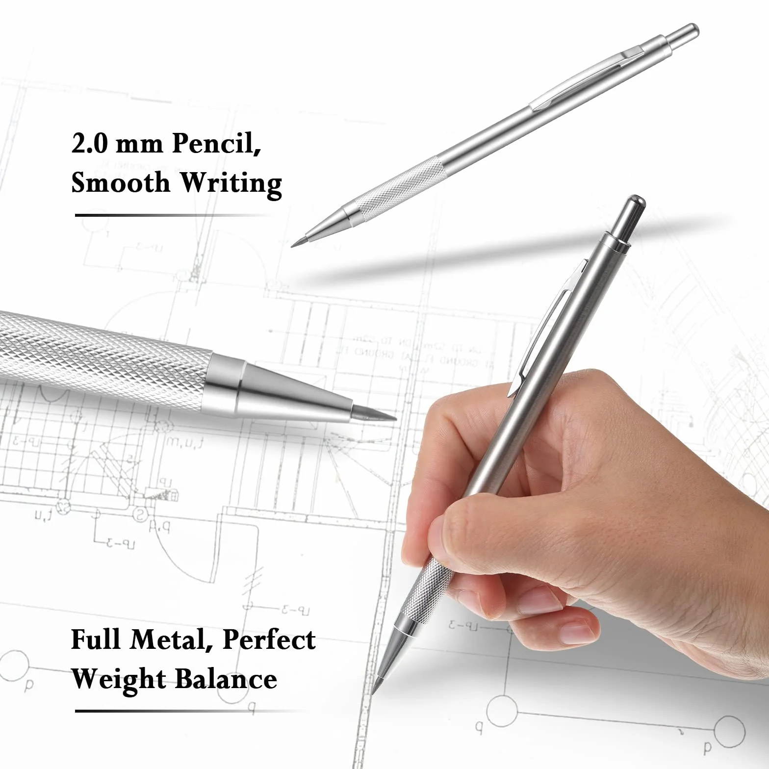 XZEIT Matita Meccanica 2,0 mm Portamine in Metallo Pieno per Artisti Disegno Schizzi con 12 Ricariche Mine Nere