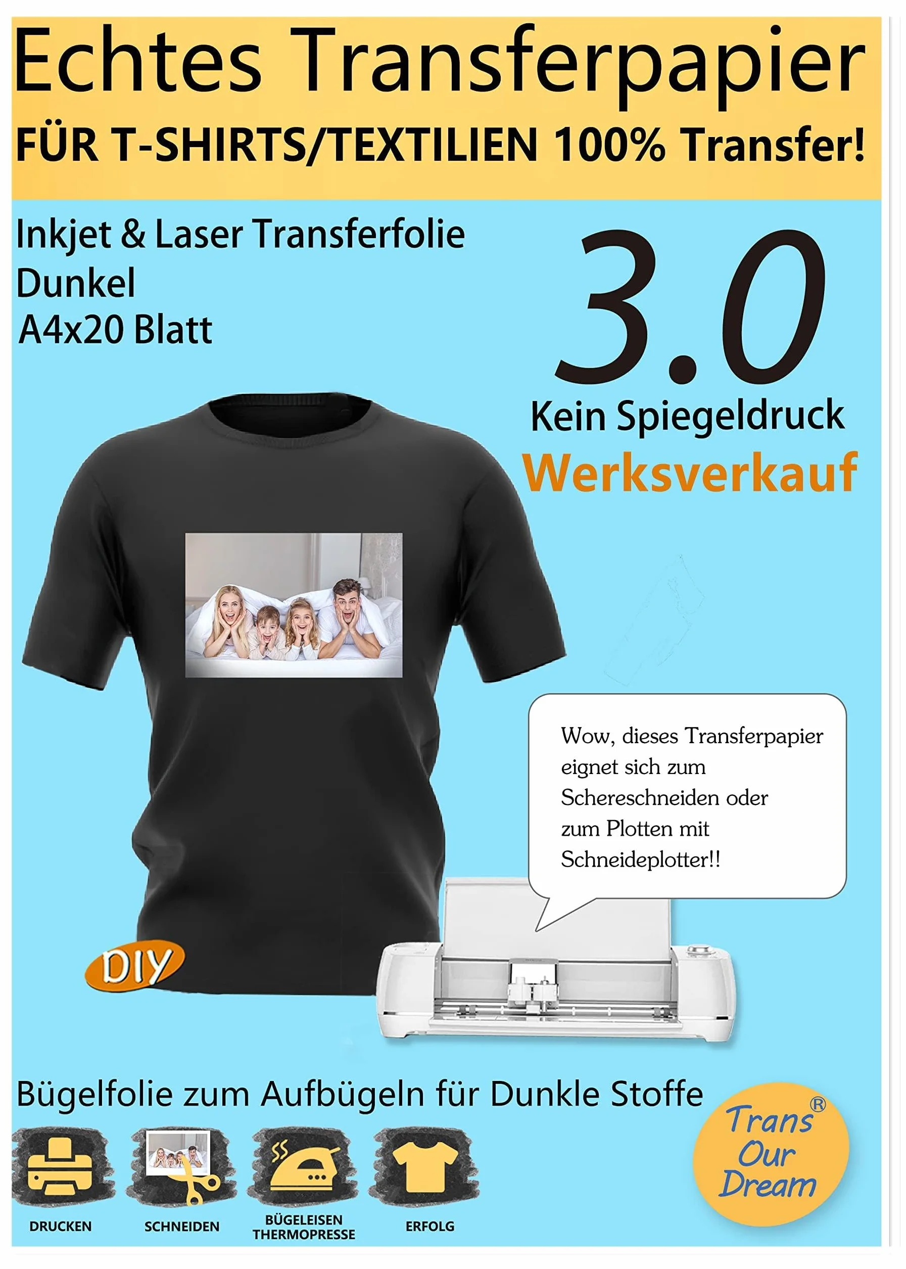 TransOurDream Pellicola per trasferimento laser per tessuti scuri DIN A4 20 fogli
