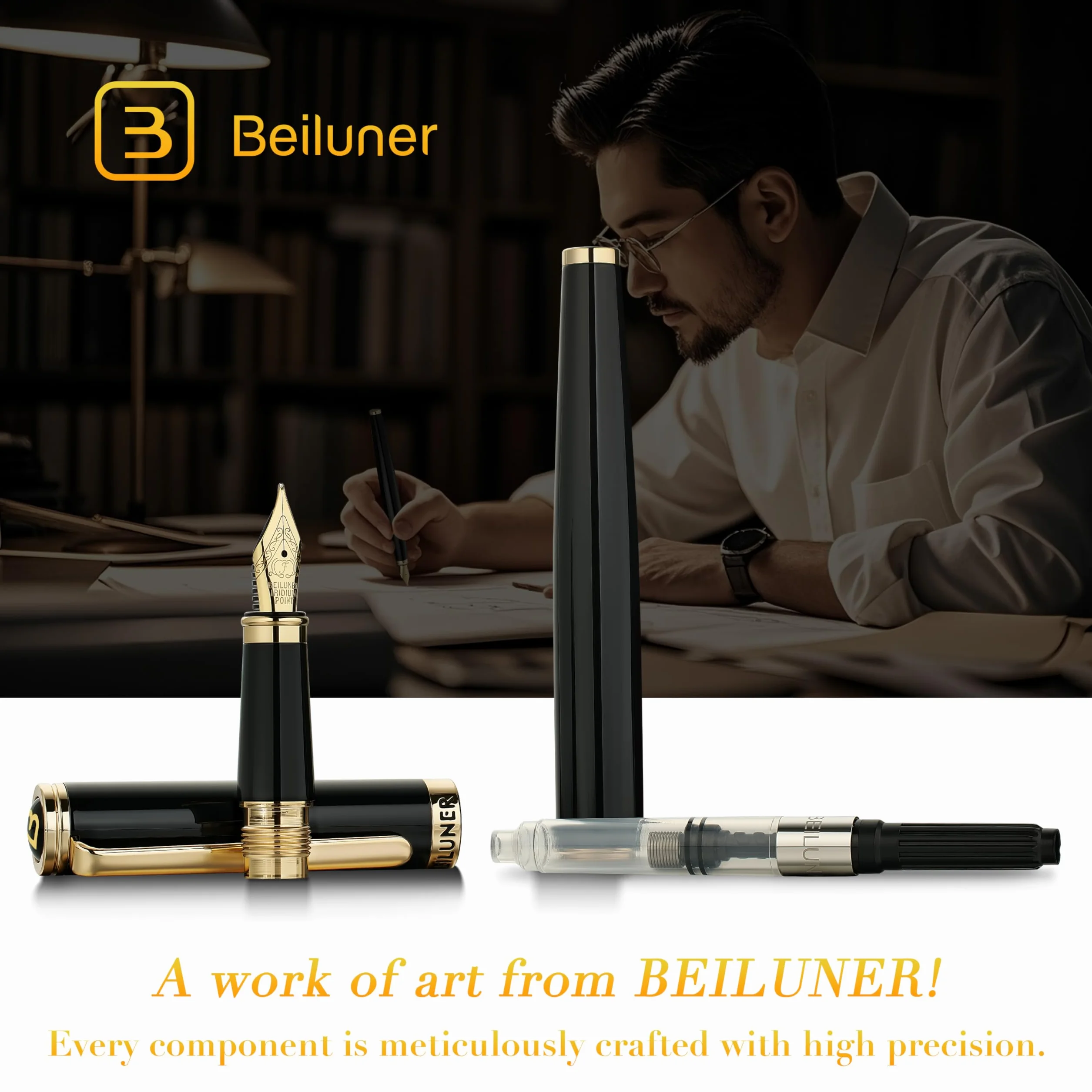 BEILUNER Penna Stilografica di Lusso, Finitura Laccata con Fregi e Pennino Dorati 24K, Regalo Affidabile con Convertitore per Lui e Lei, Penna Elegante - Nero & Oro, Pennino Fine
