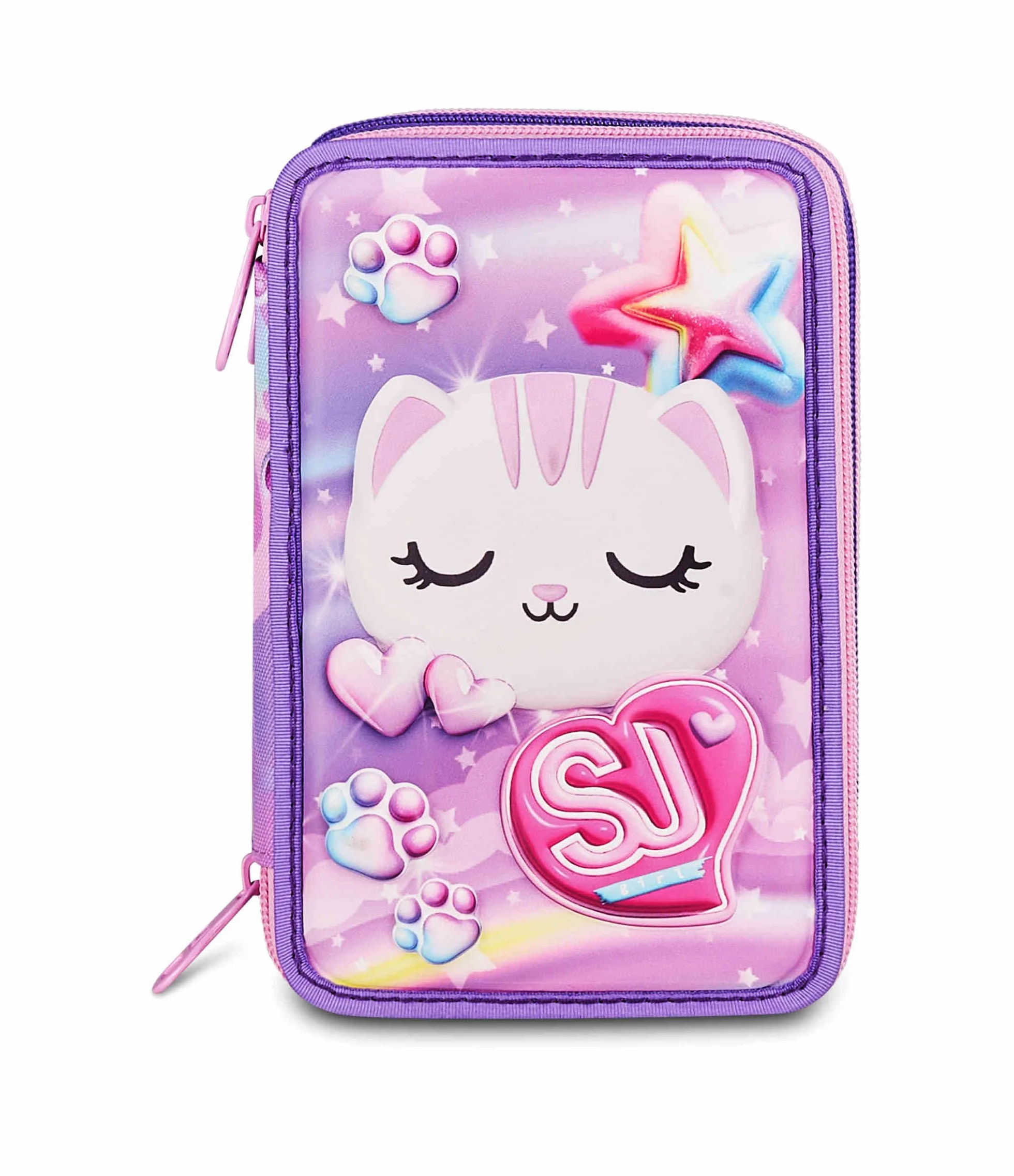 Astuccio Scuola 3 Zip 3D GLOWCAT Rosa Triplo Scomparto Scocca semi rigida 45 pezzi