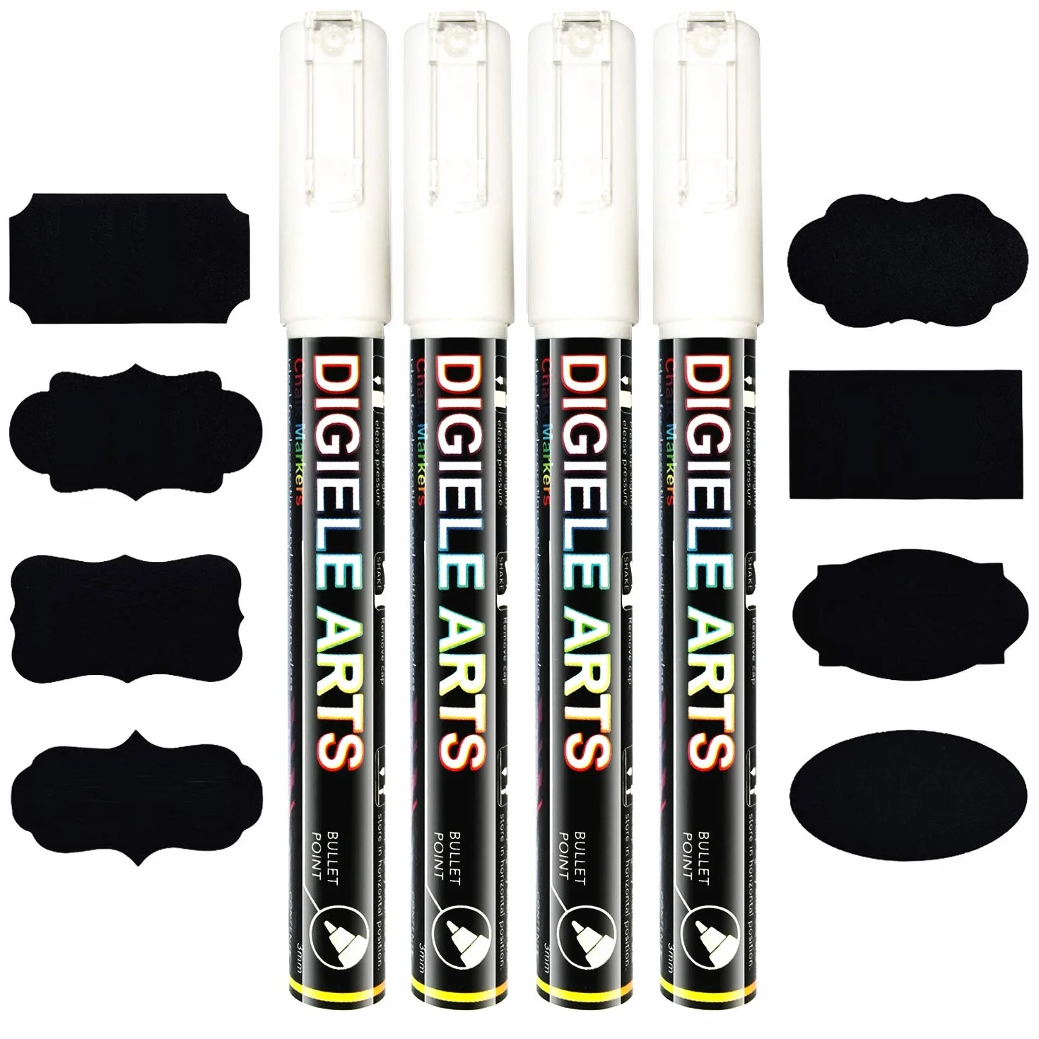 Pennarelli a gesso bianco da 3 mm cancellabili a secco o umido punta reversibile scalpello proiettile per lavagne vetri 4 penne 16 etichette